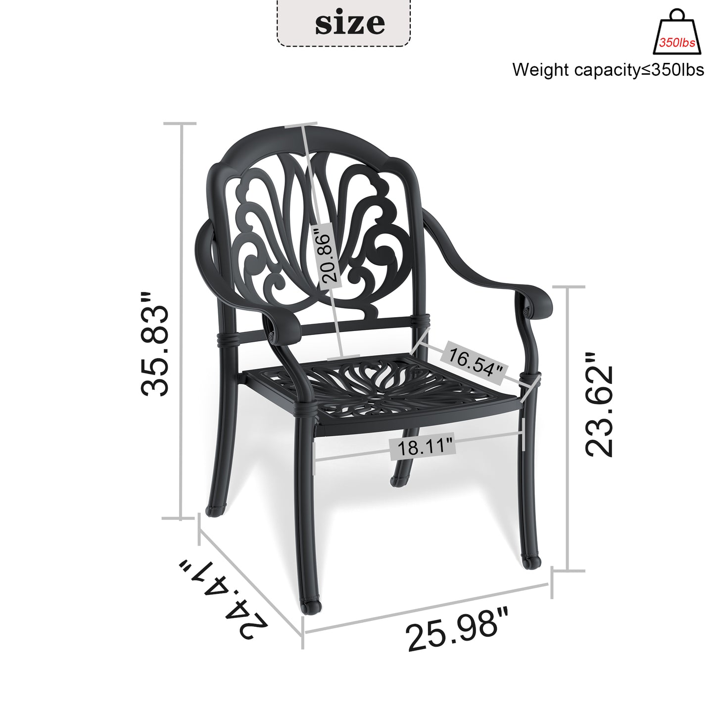 Black cast aluminum patio chair with ornate scroll back design and lb weight capacity