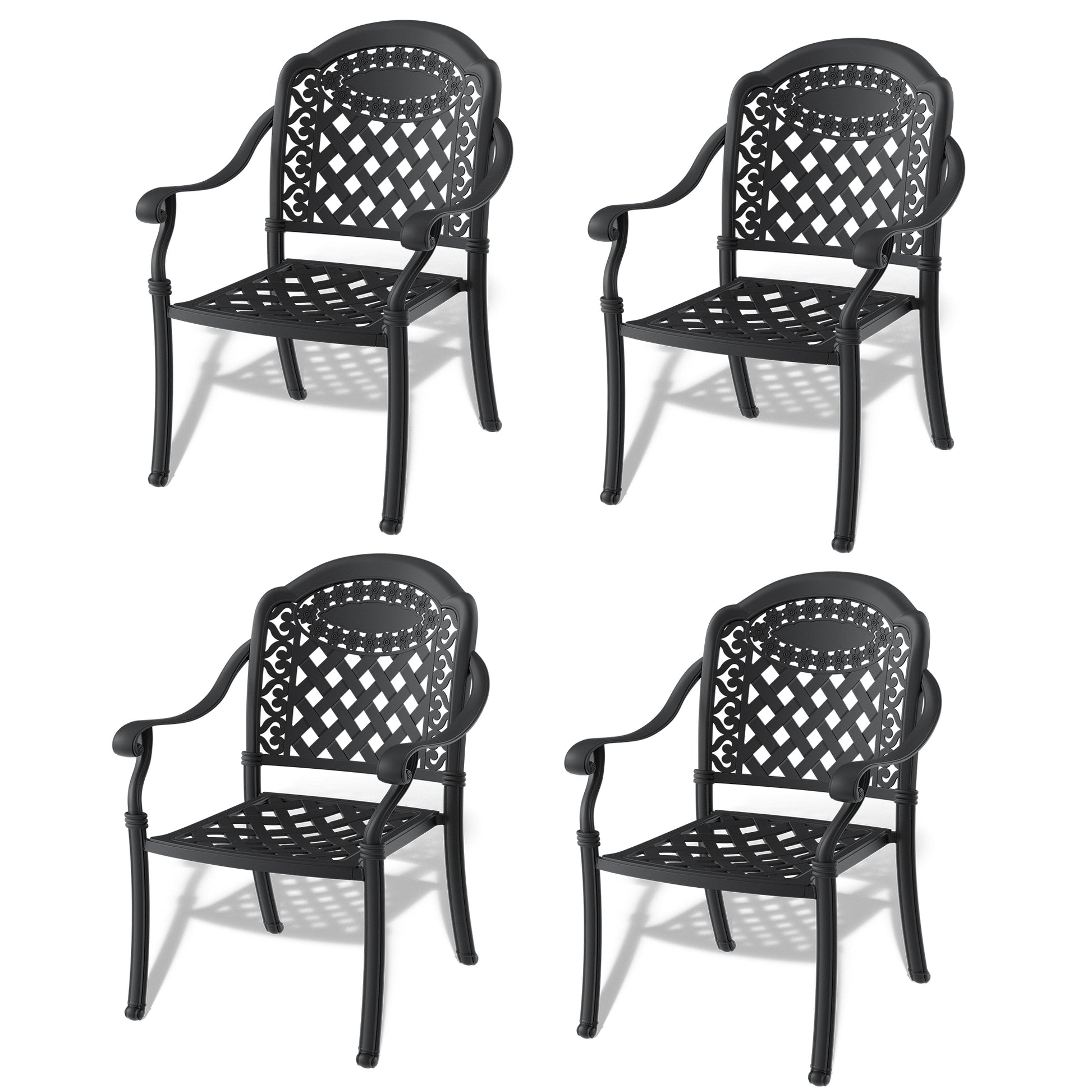 Black cast aluminum patio chair with intricate lattice back design and curved arms