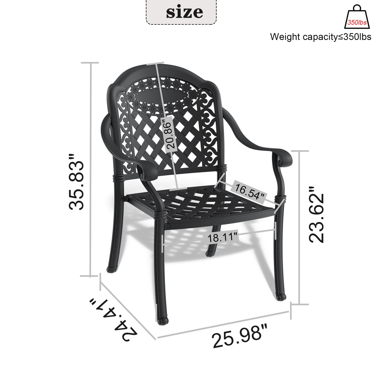 Black cast aluminum outdoor chair with intricate scrollwork and floral details