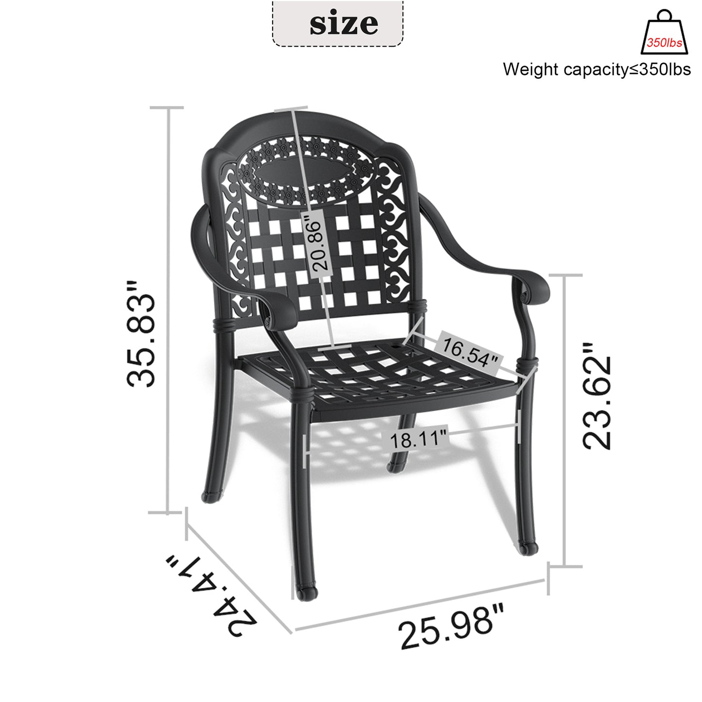 Black cast aluminum patio chair with ornate back design and basket weave seat