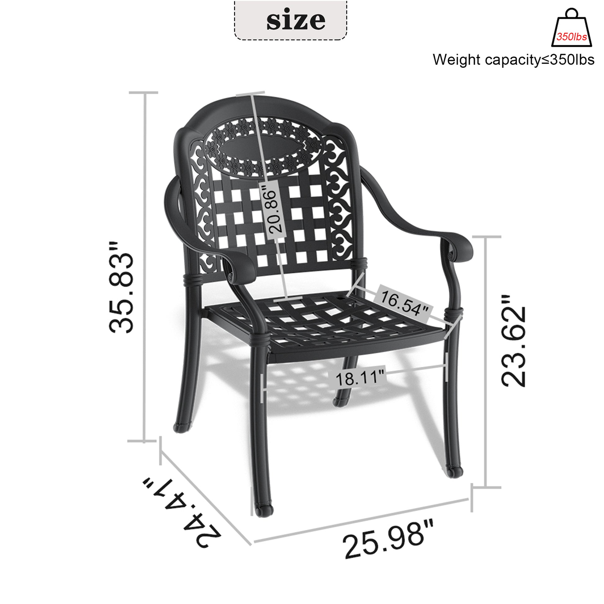 Black cast aluminum patio chair with ornate back design and basket weave seat