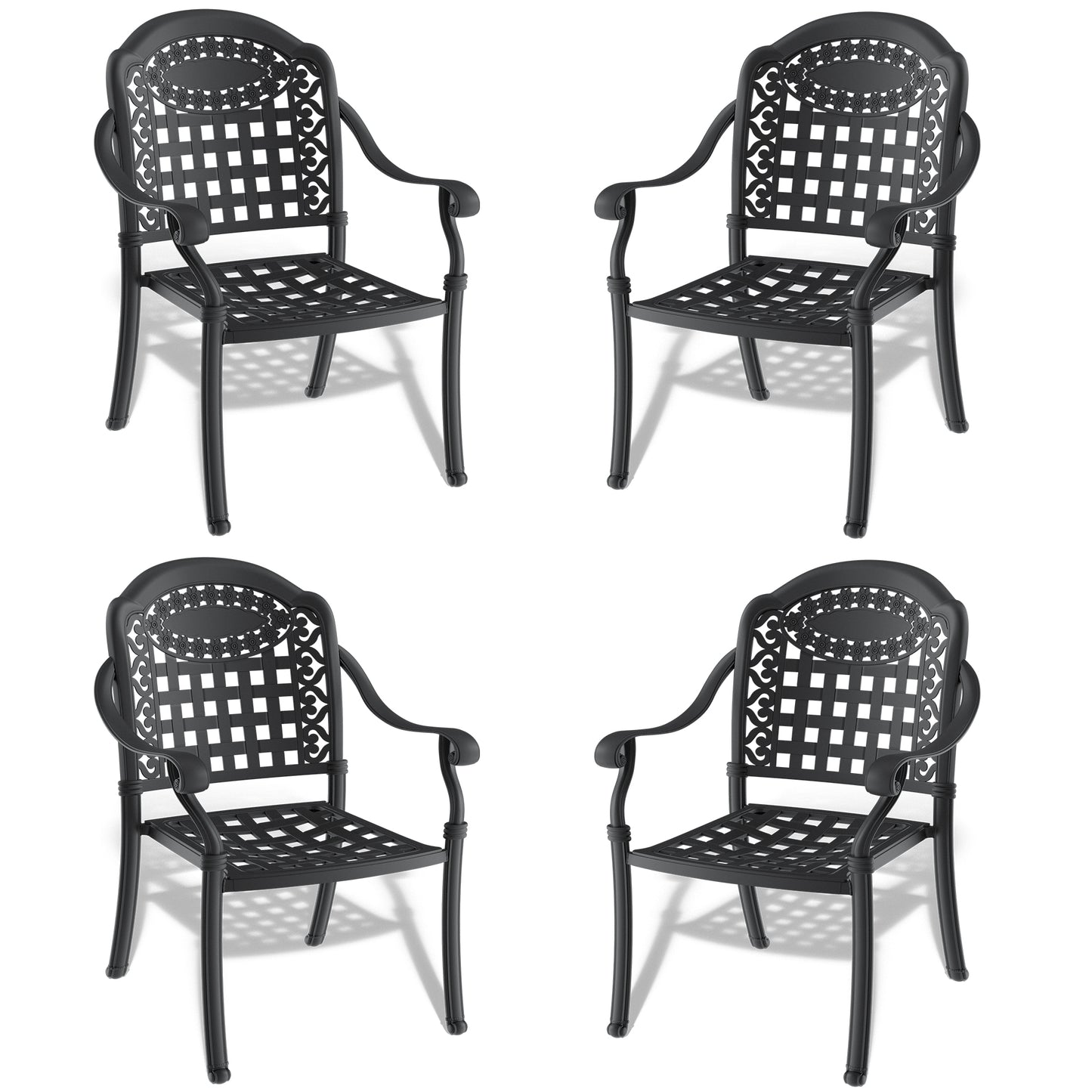 Four black ornate cast aluminum patio chairs with lattice seat and backrest