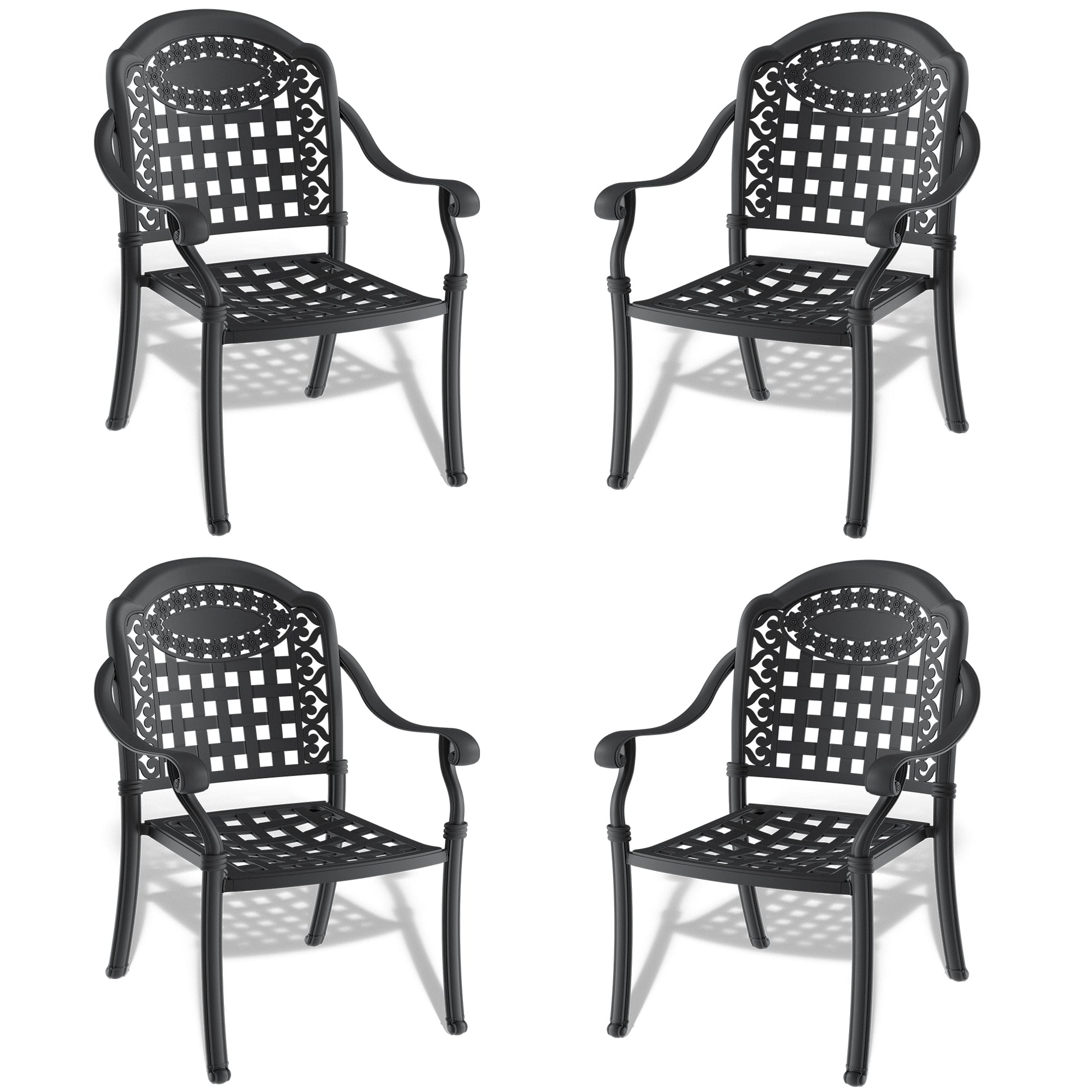 Four black ornate cast aluminum patio chairs with lattice seat and backrest