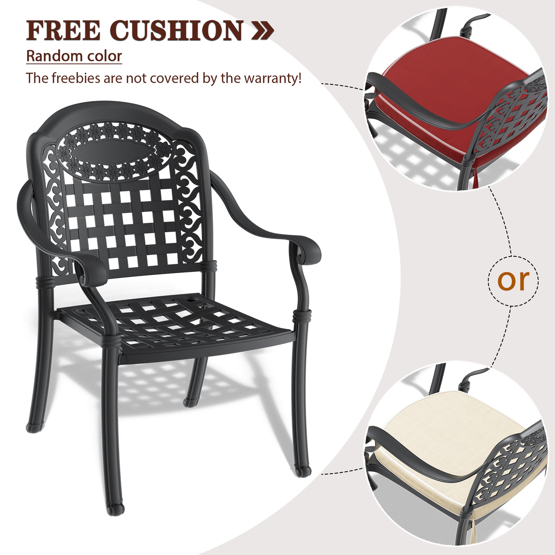 Black cast aluminum patio chair with intricate scrollwork on back and seat