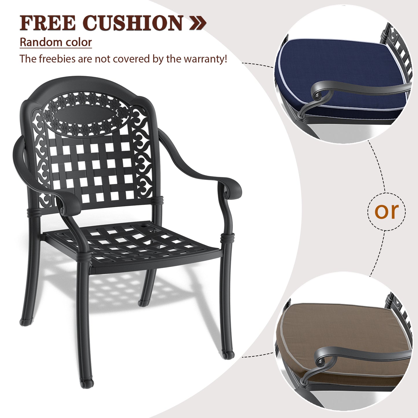 Black ornate metal patio chair with woven seat and back includes cushion options