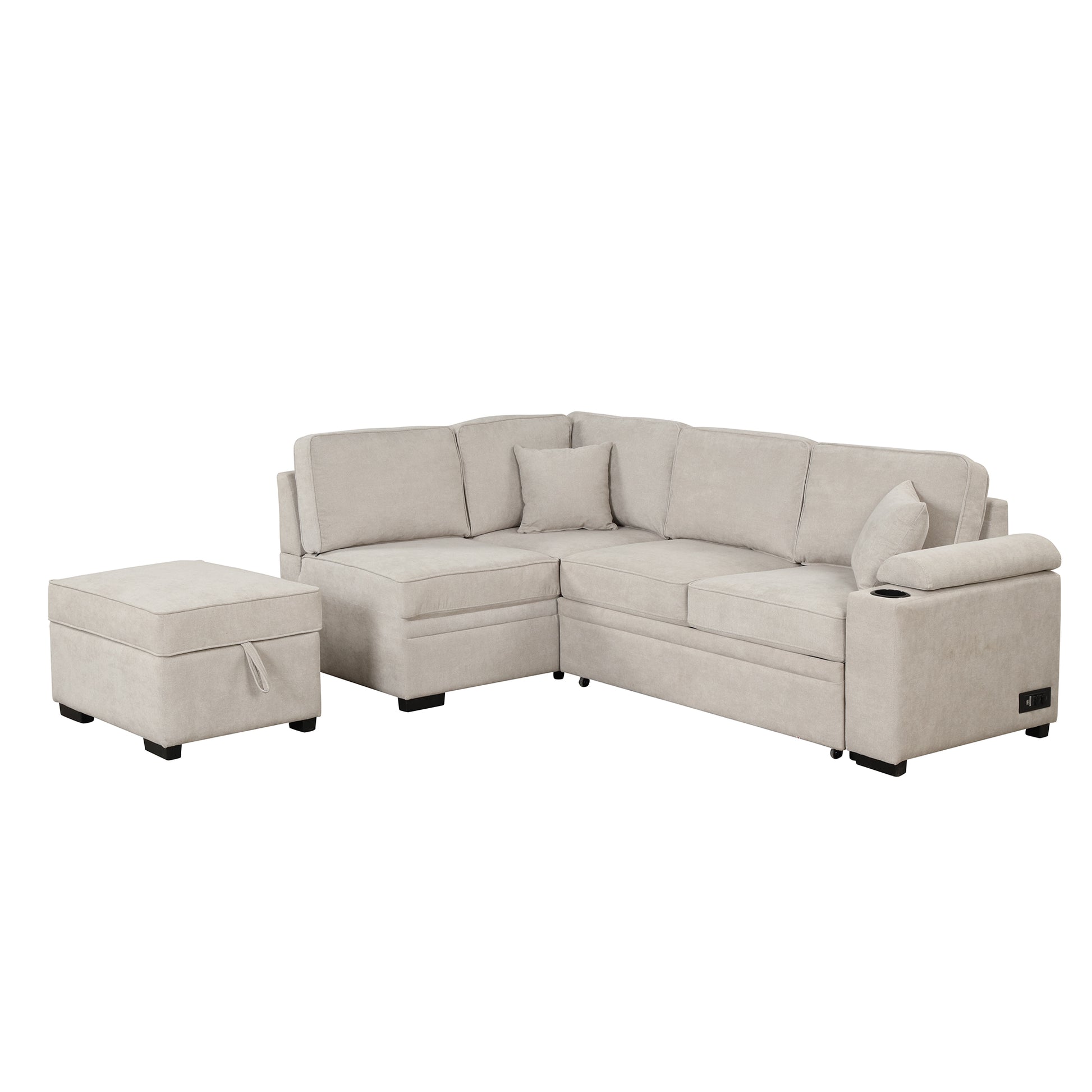 Light beige fabric sectional sofa with storage ottoman ideal for modern living rooms