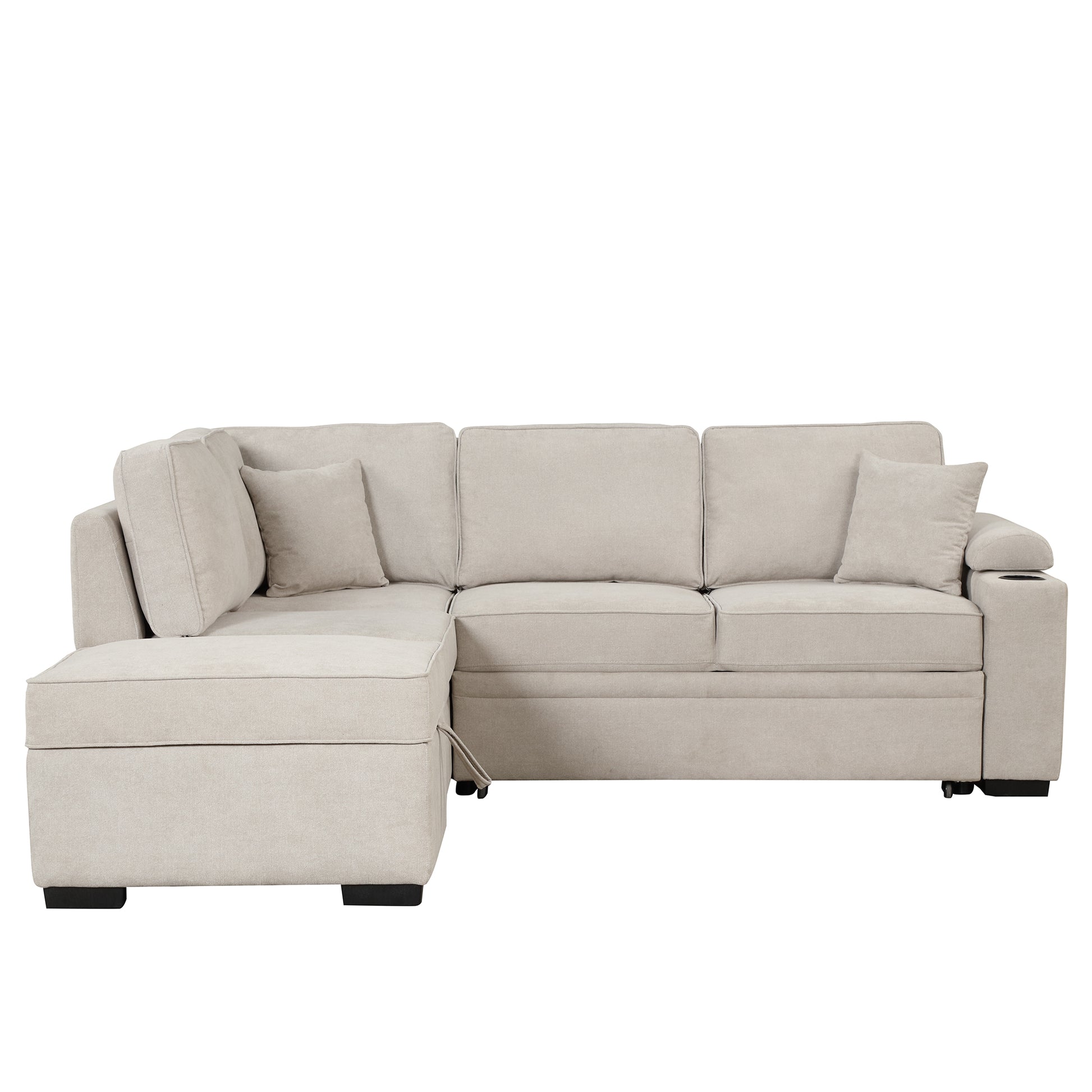 Light beige fabric sectional sofa with chaise lounge and integrated cup holder