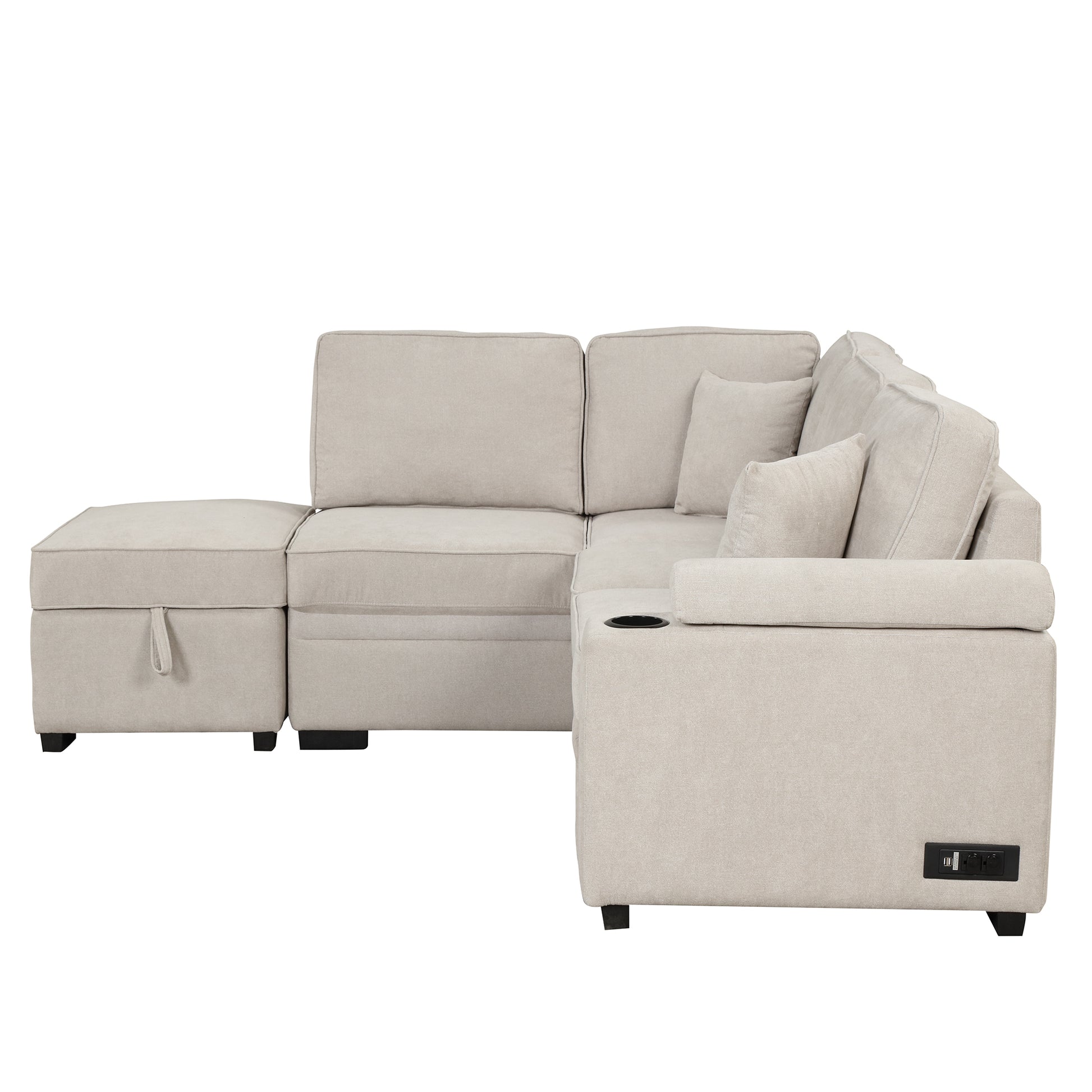 Light beige fabric sectional sofa with storage chaise and builtin cup holder