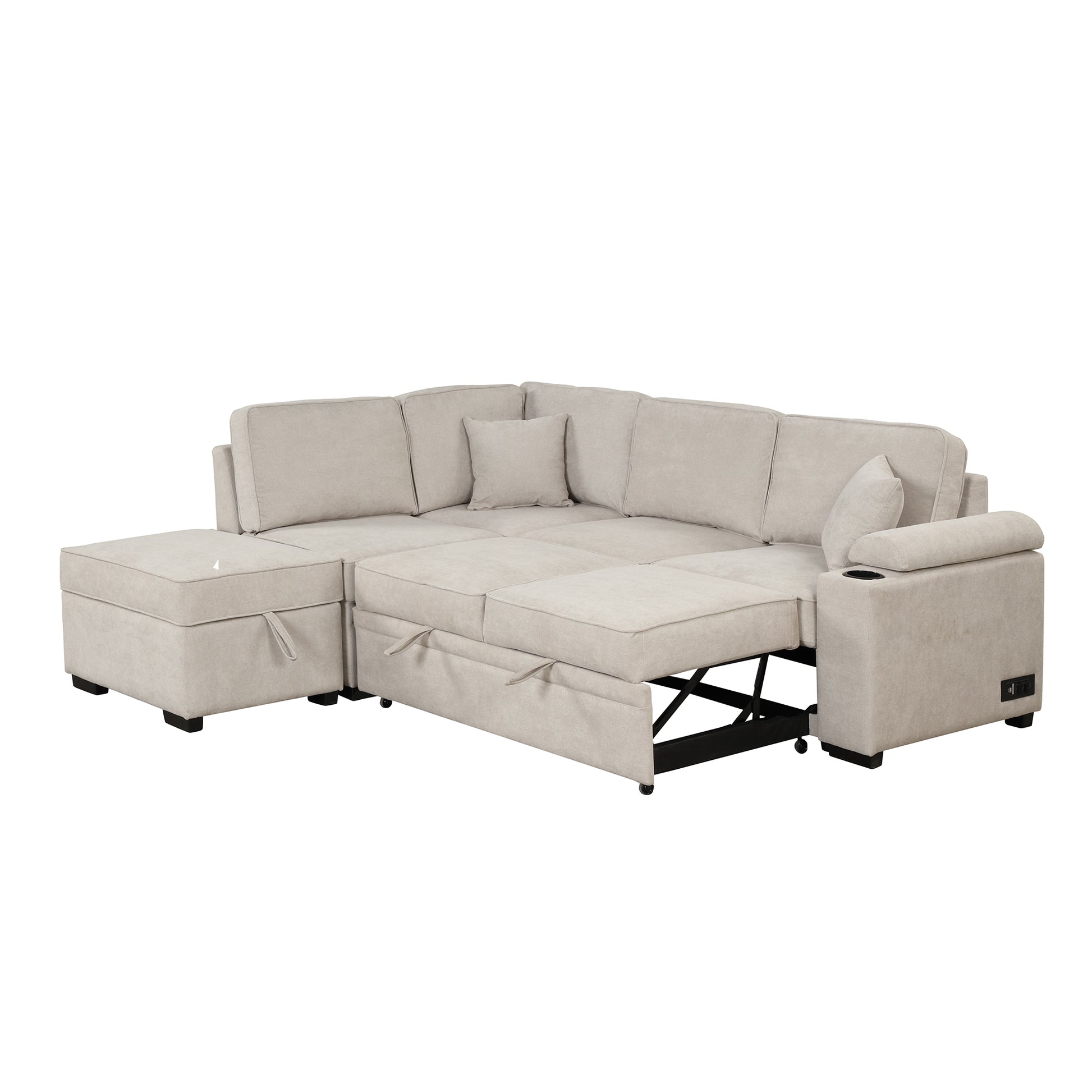 Beige fabric sectional sofa with pullout bed and storage ottoman