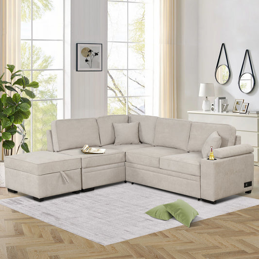 Beige fabric sectional sofa with chaise and hidden storage perfect for living rooms