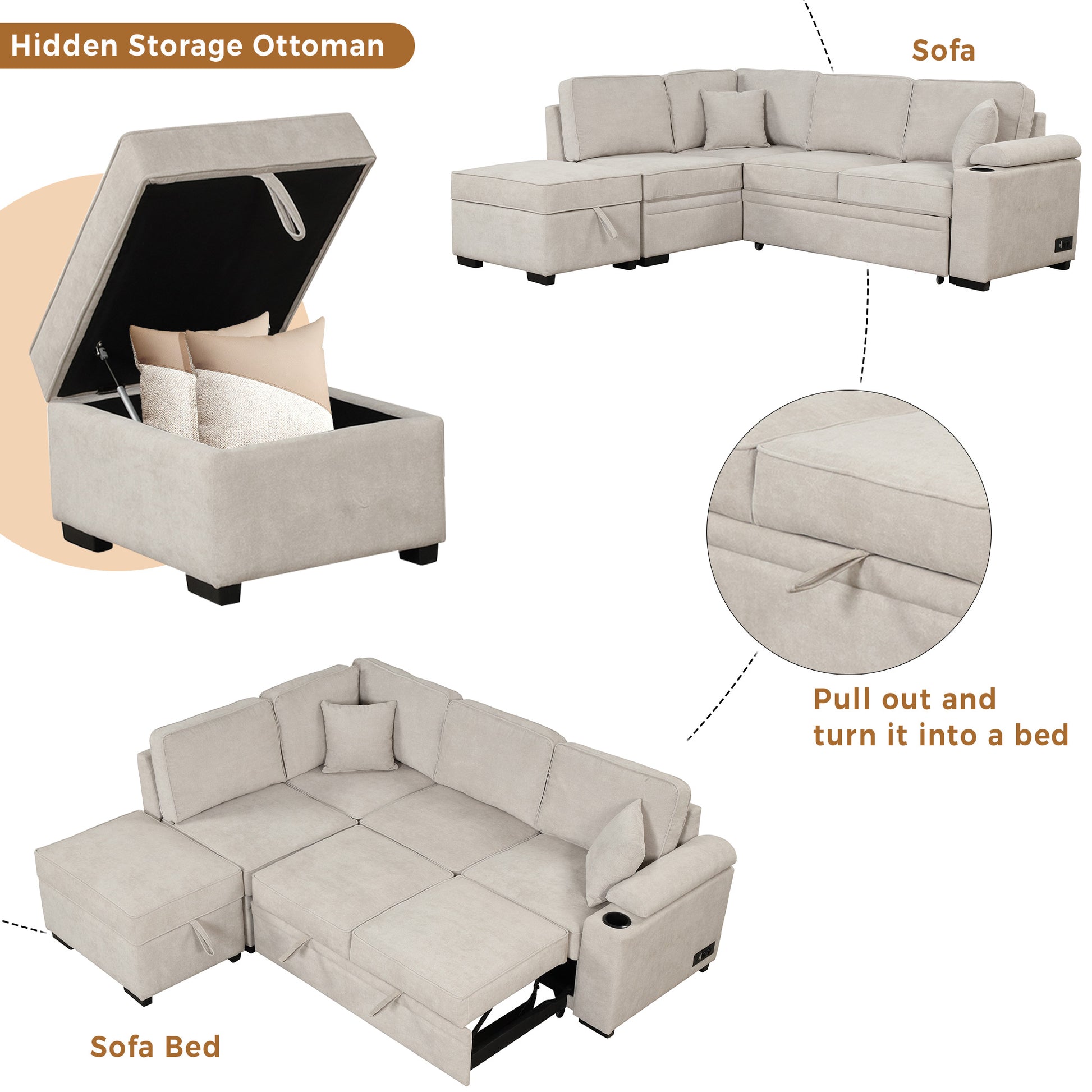 Light beige sectional sofa with hidden storage ottoman and pullout sofa bed functionality