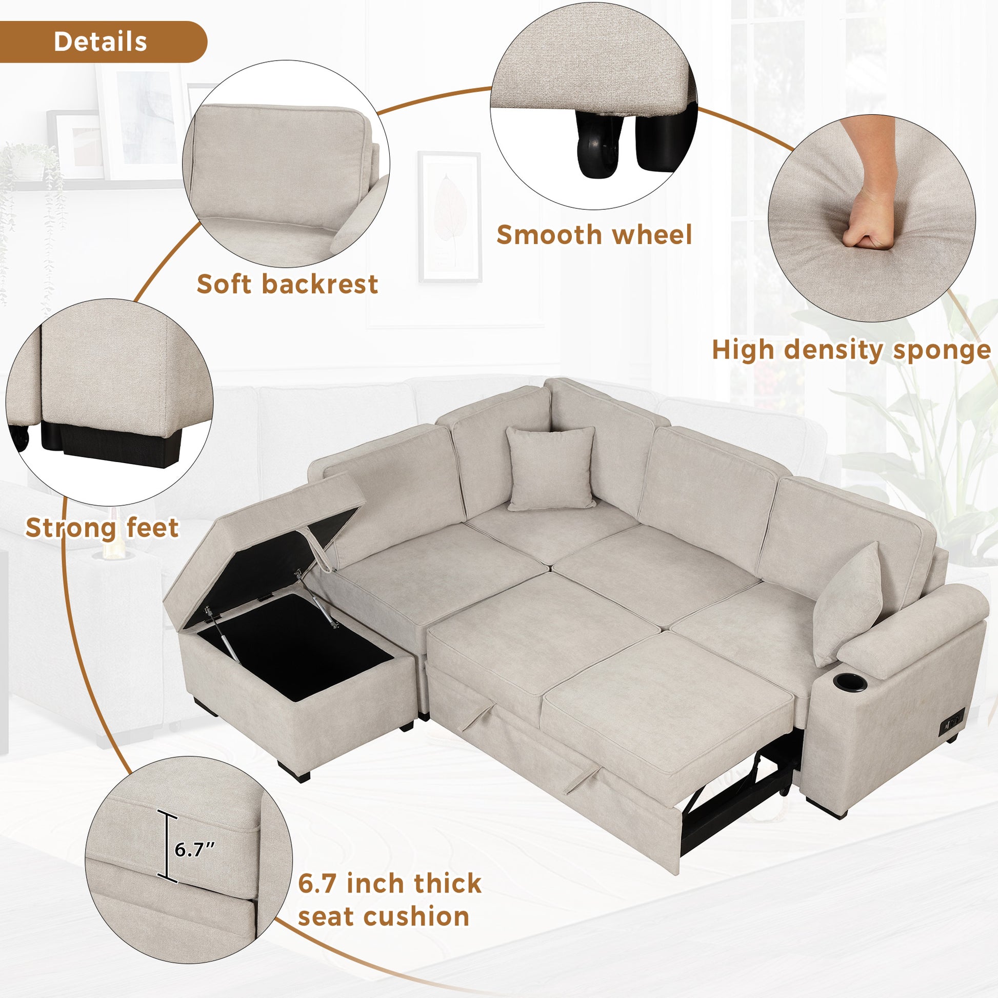 Beige sectional sofa with storage chaise and smooth wheels perfect for living rooms