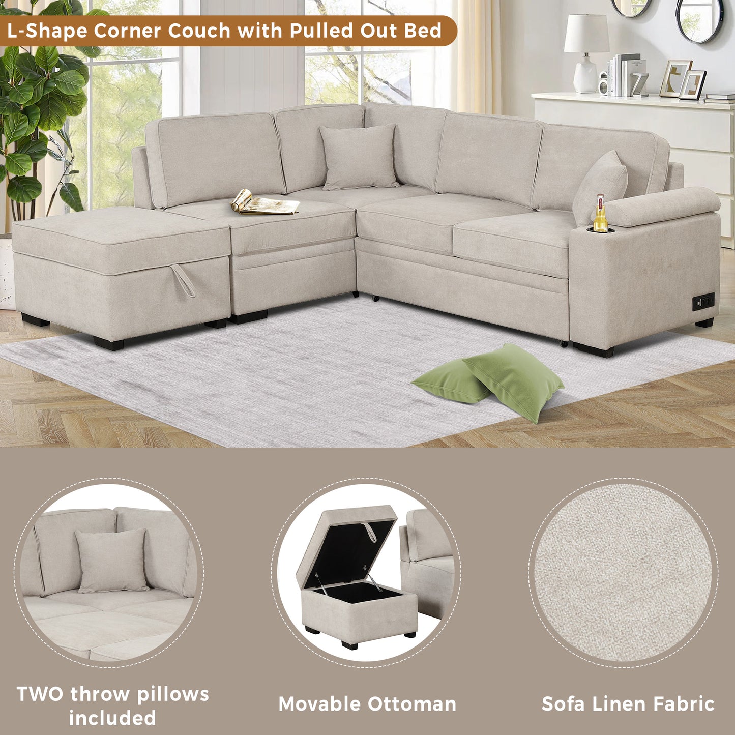 Lshaped linen couch in beige with pulledout bed and storage ottoman