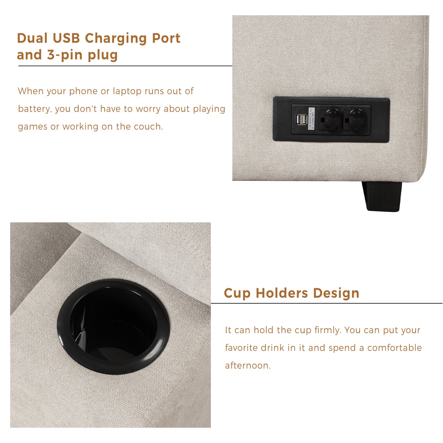 Integrated dual USB charging port and pin plug on beige fabric couch armrest