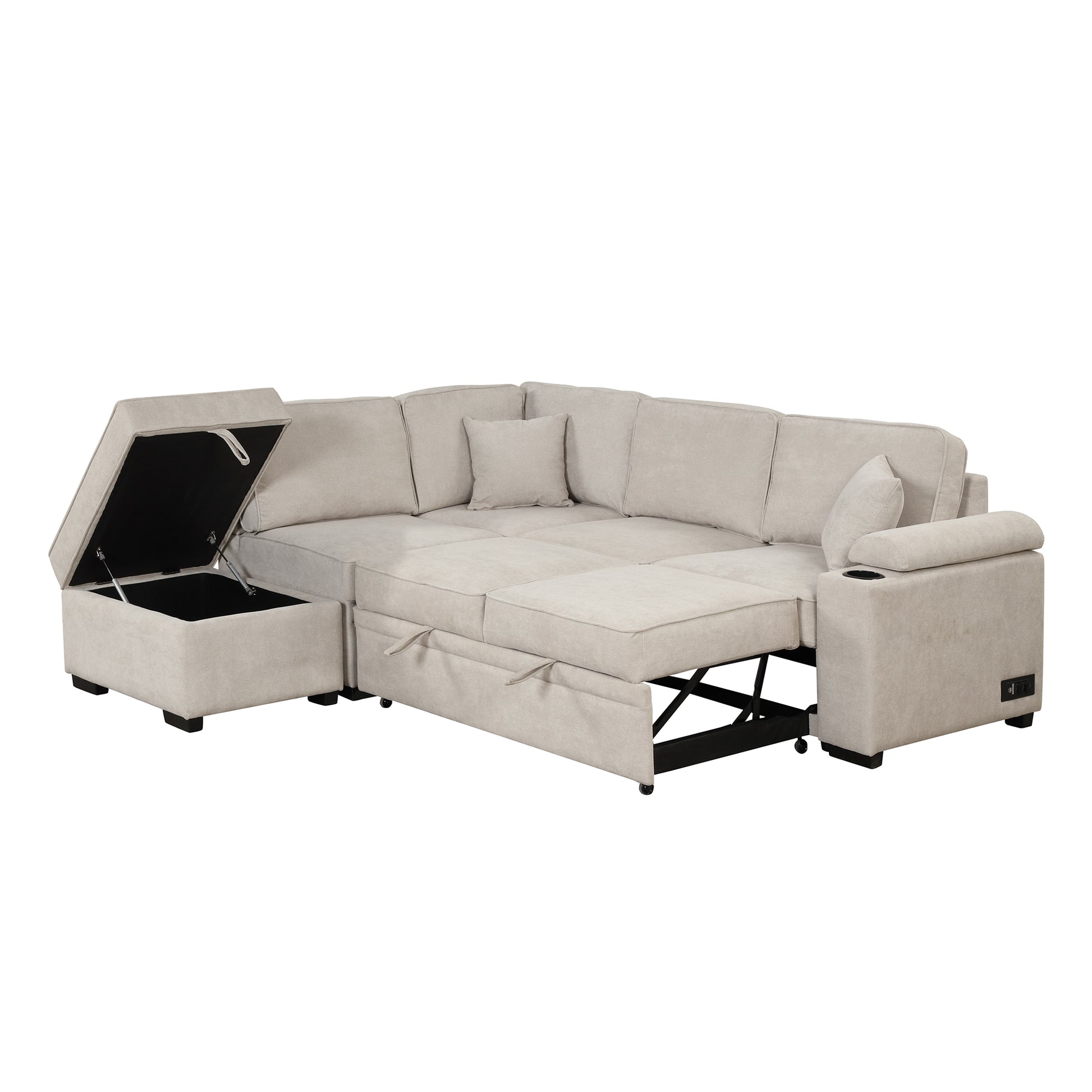 Light beige sectional sofa with open storage ottoman and pullout bed mechanism