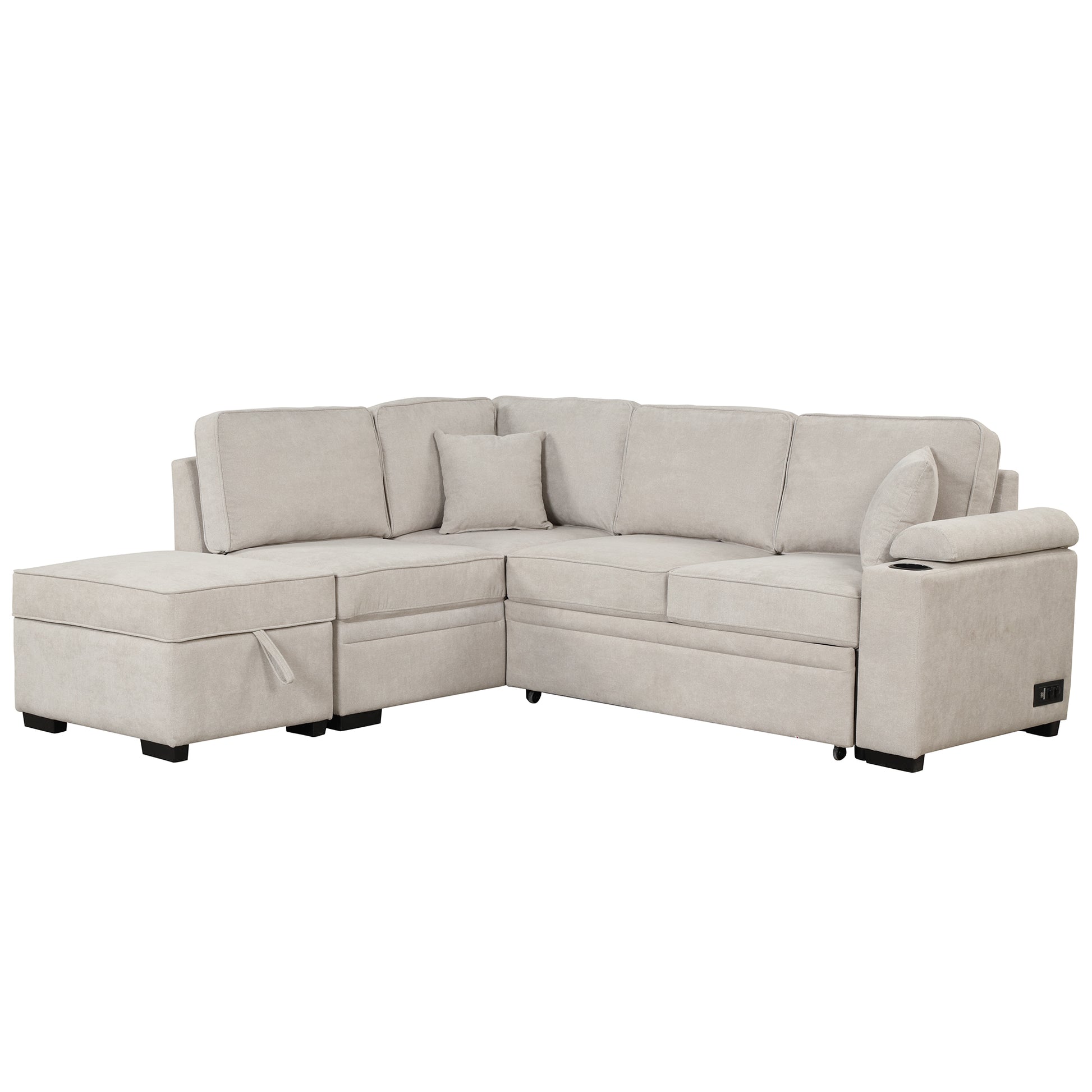 Light beige fabric sectional sofa with chaise and hidden storage Modern living room furniture