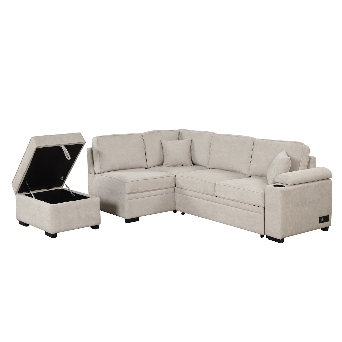 Beige fabric sectional sofa with a lifttop storage ottoman and cupholder