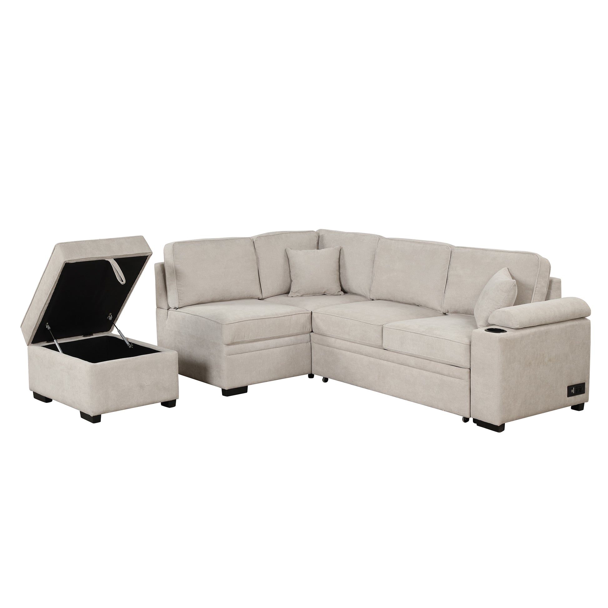Beige fabric sectional sofa with a lifttop storage ottoman and cupholder
