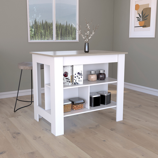 Compact white kitchen island with natural wood top and open shelving