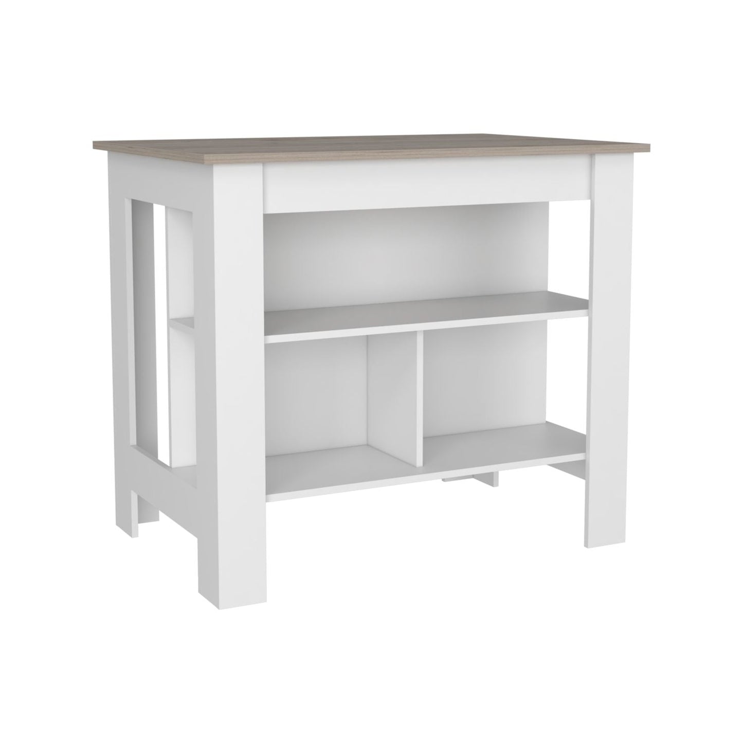 Modern white and wood kitchen island with open shelving