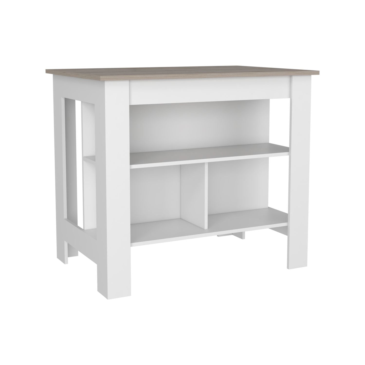 Modern white and wood kitchen island with open shelving