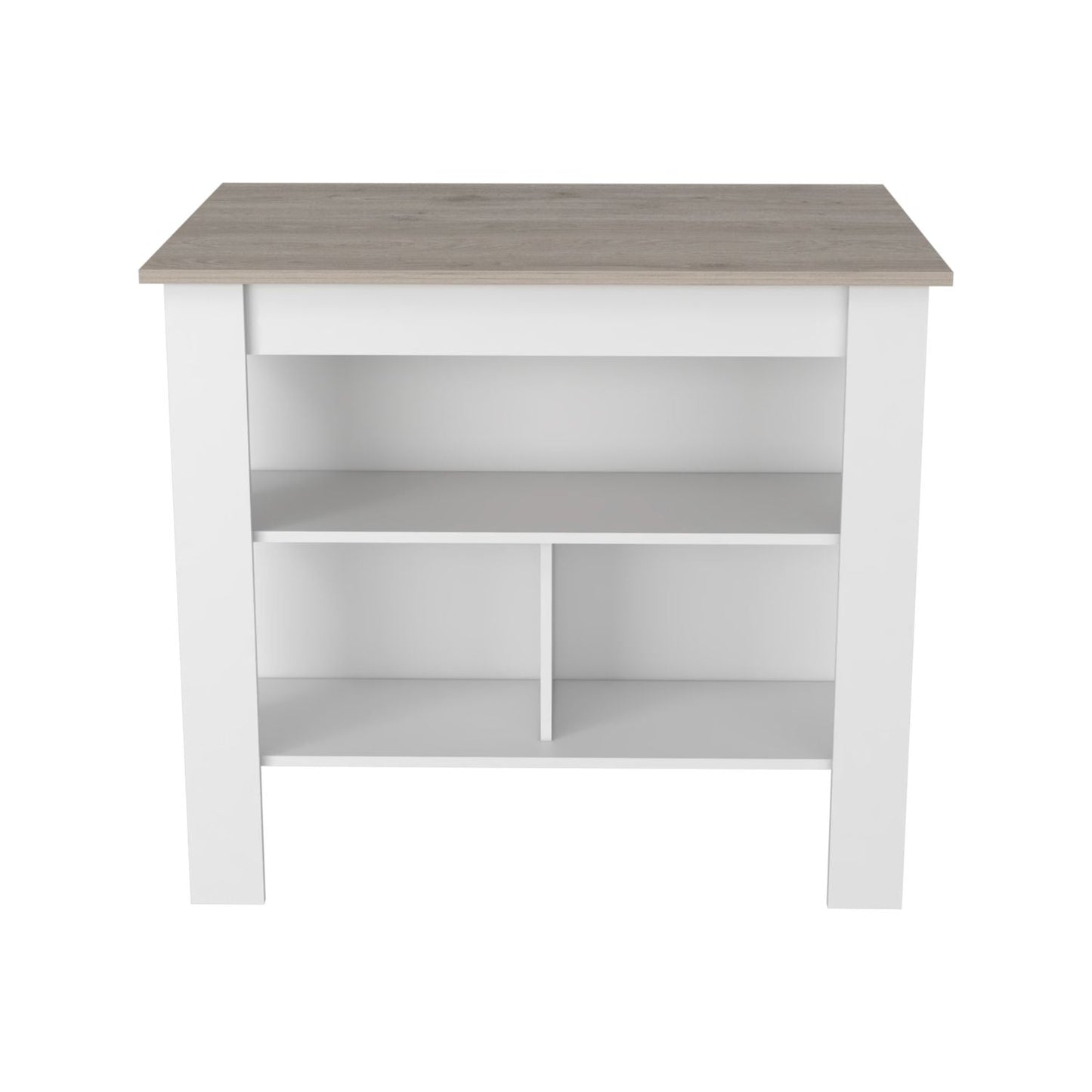 White and oak entryway table with three open shelves