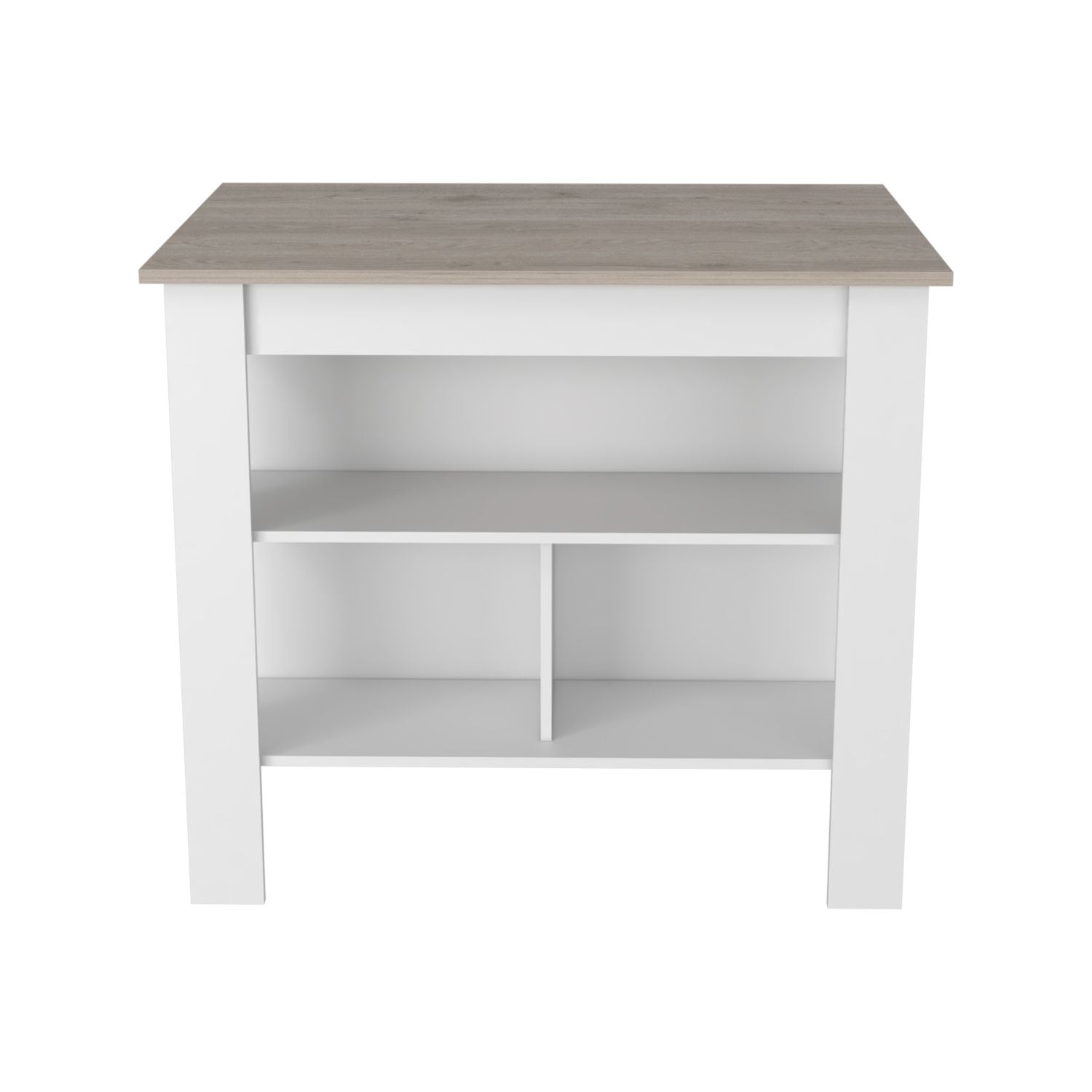 White and oak entryway table with three open shelves