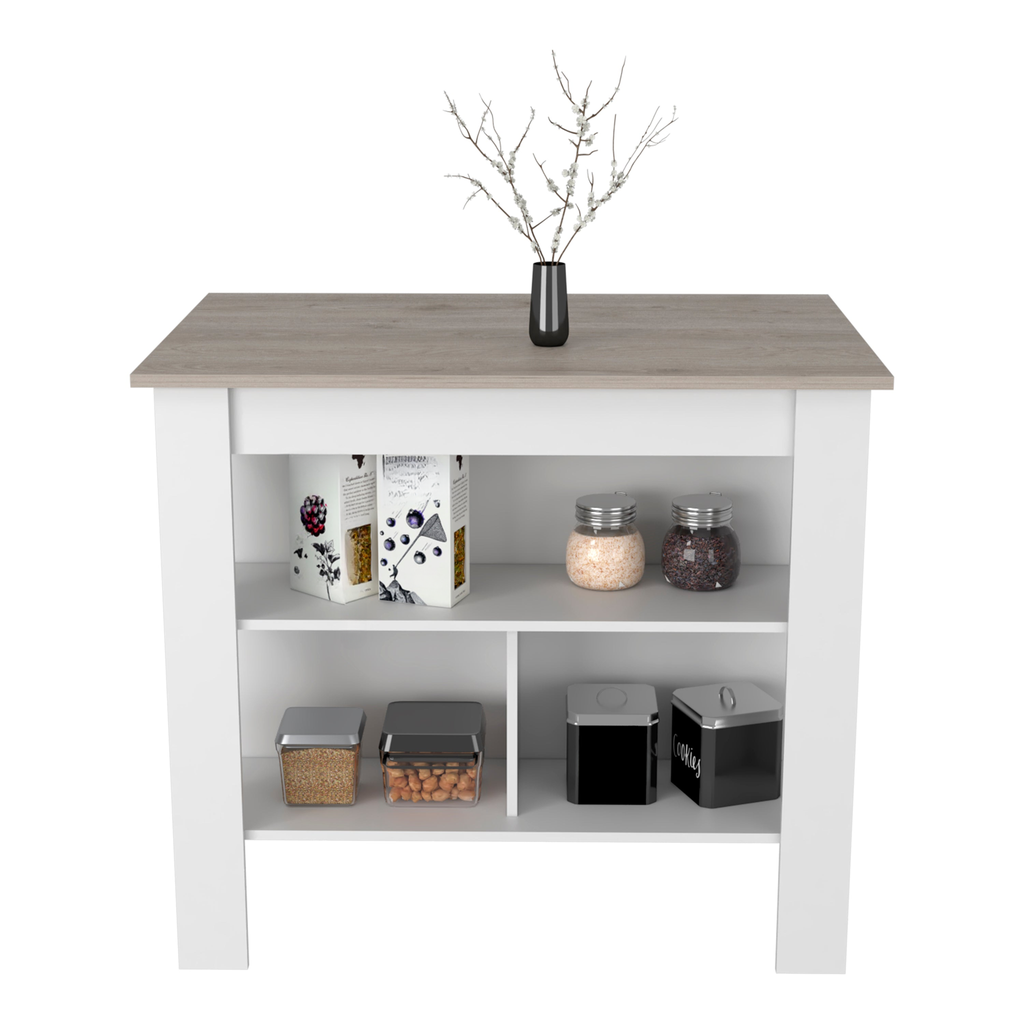 White kitchen island with natural wood top and open shelves