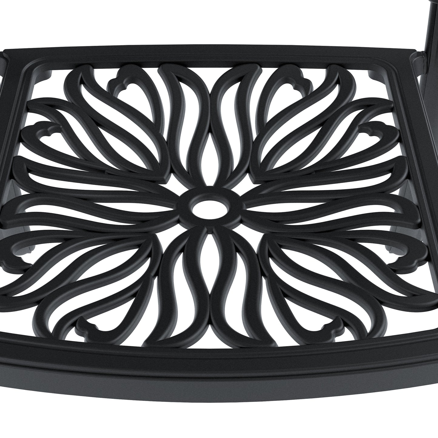 Black ornate cast aluminum chair seat with intricate floral pattern outdoor furniture