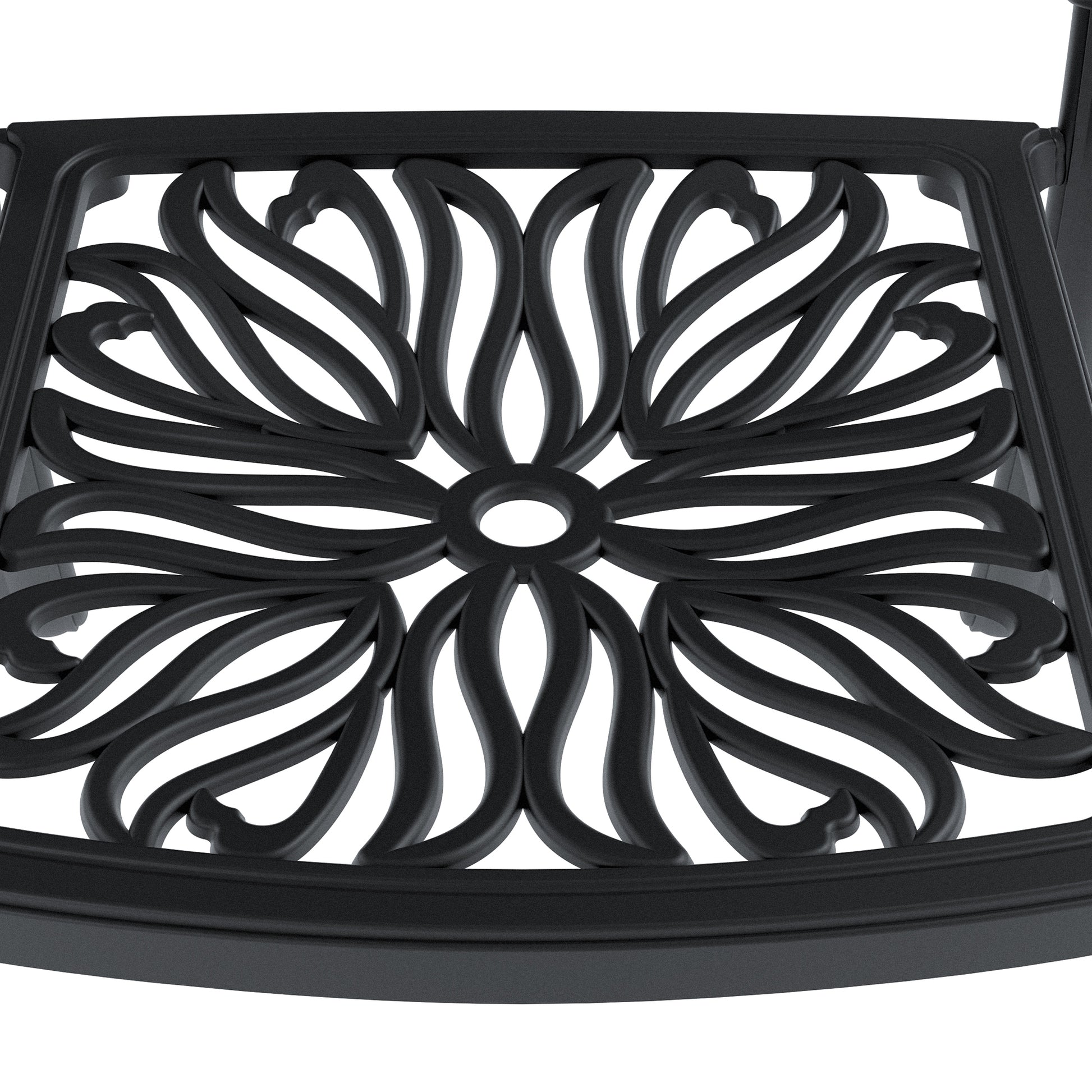 Black ornate cast aluminum chair seat with intricate floral pattern outdoor furniture