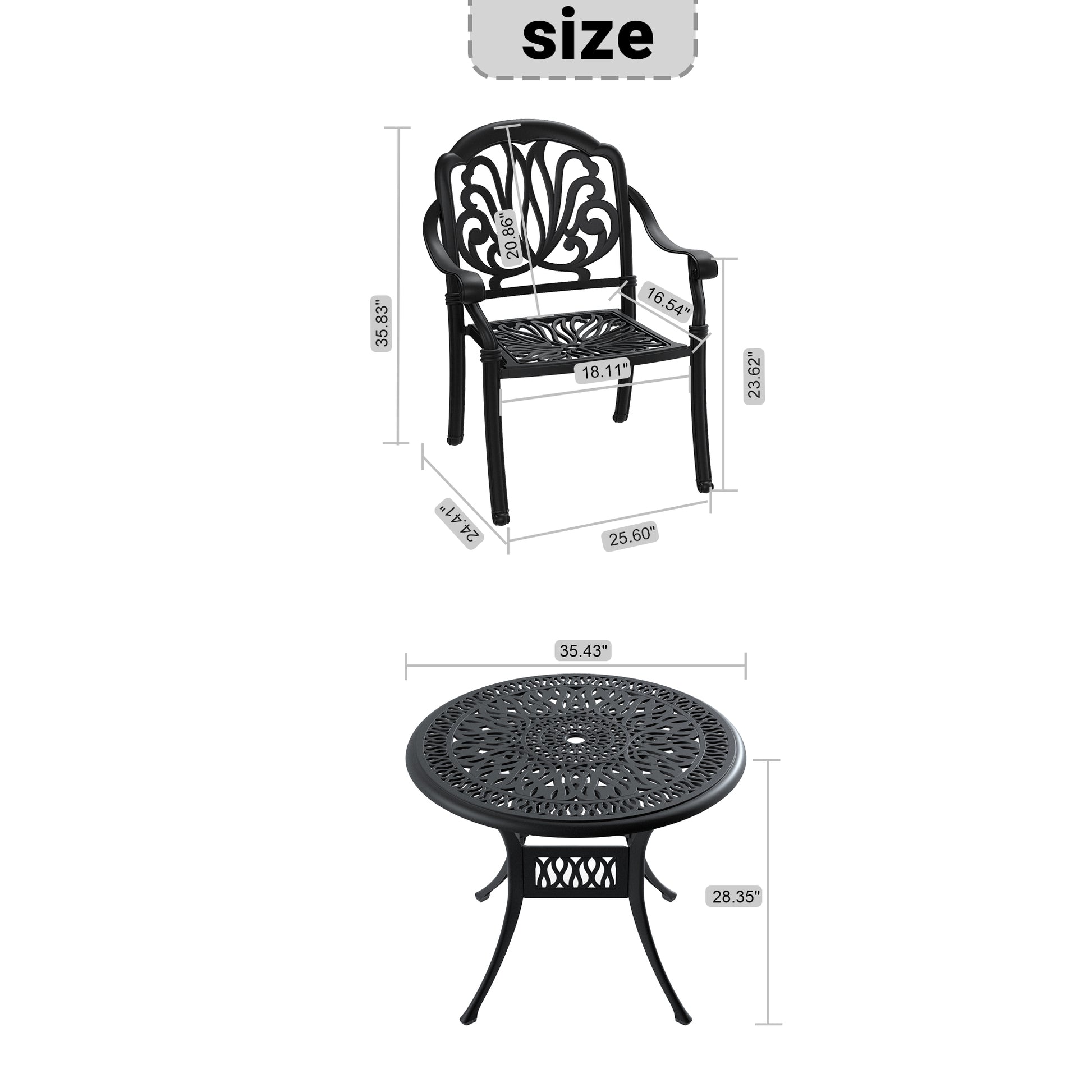 Black cast iron patio chair with ornate floral backrest and seat detail