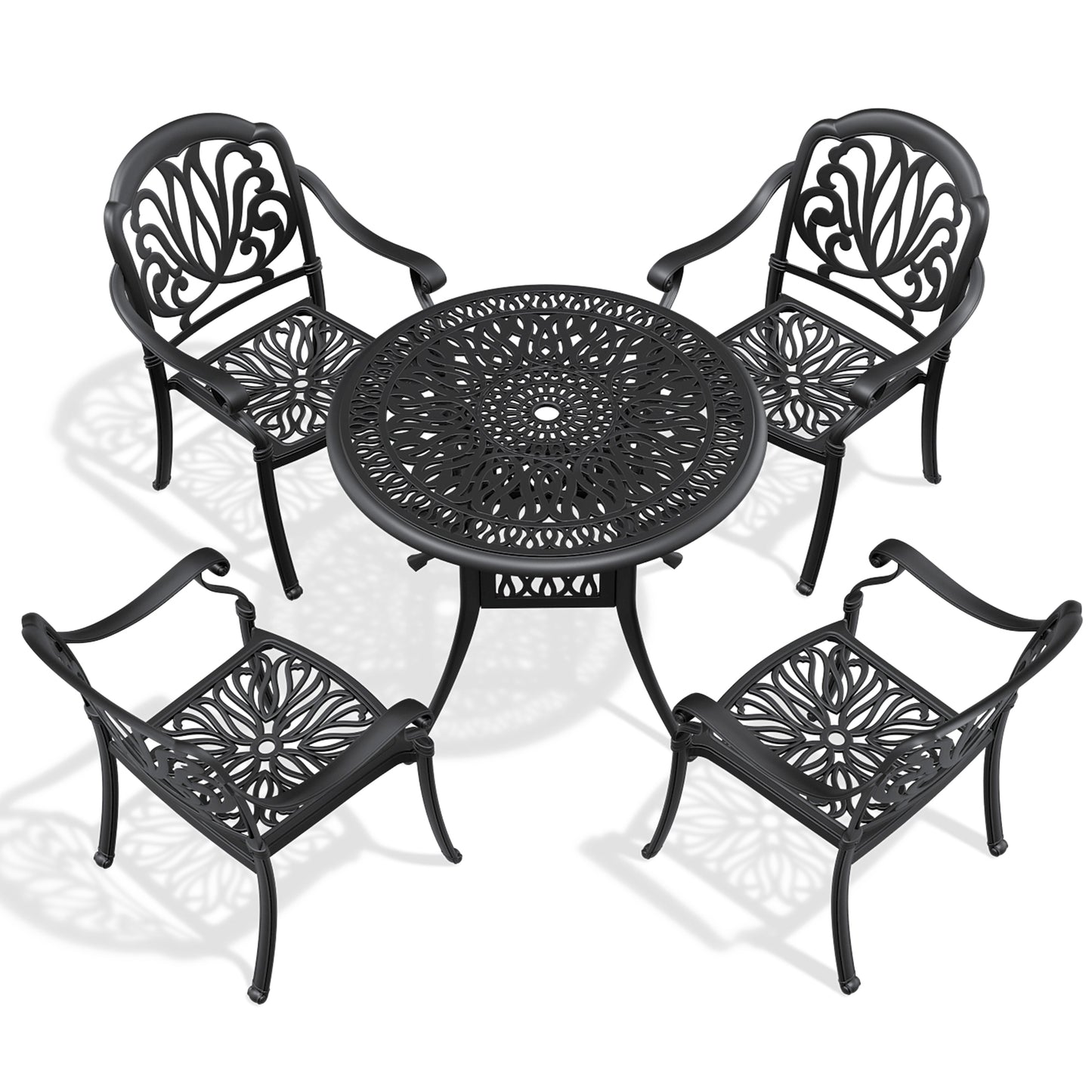 Black cast aluminum patio bistro set with ornate floral back chairs