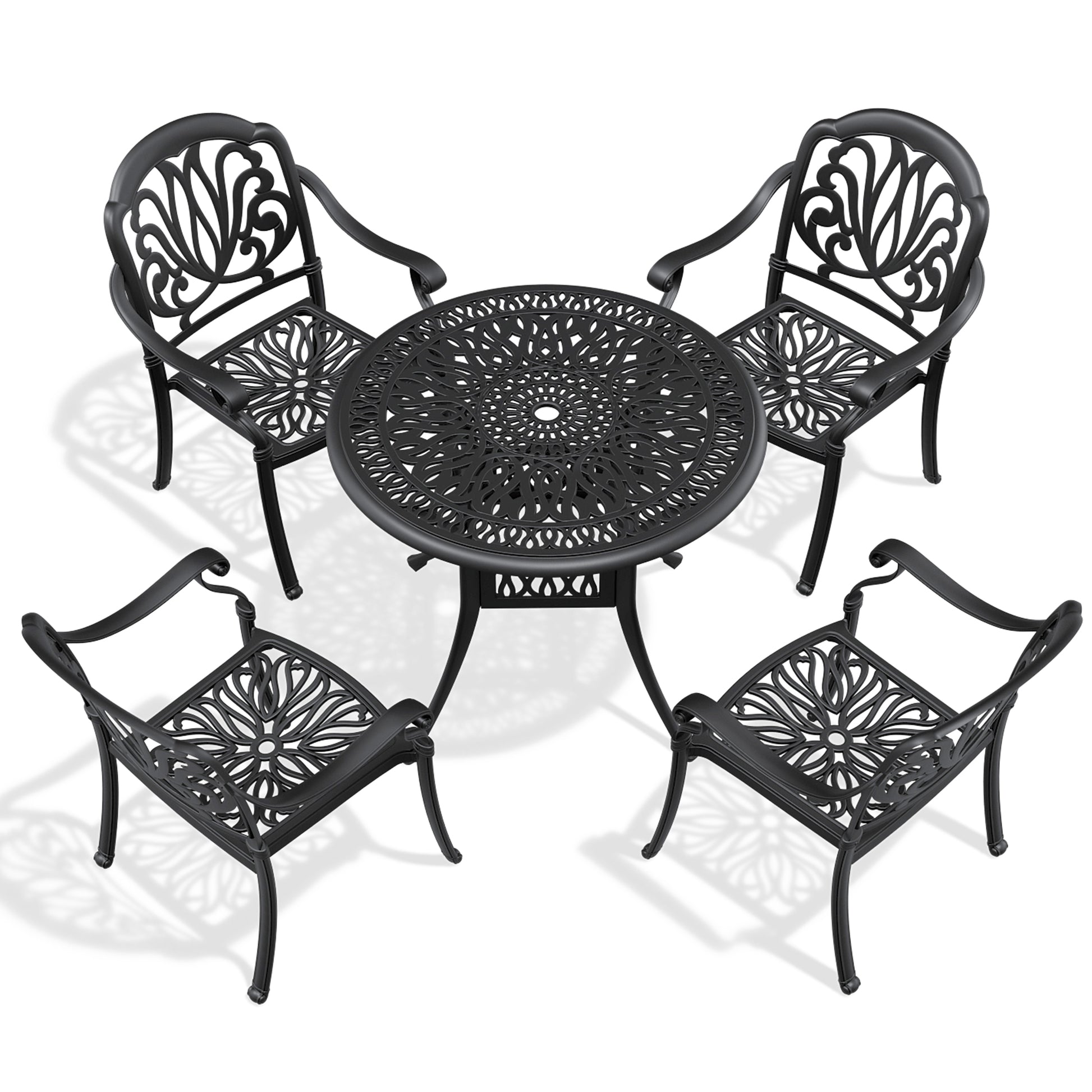 Black cast aluminum patio bistro set with ornate floral back chairs