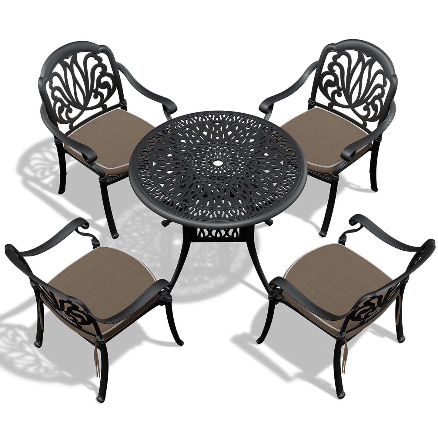 Black cast iron bistro set with ornate detailing and taupe cushions