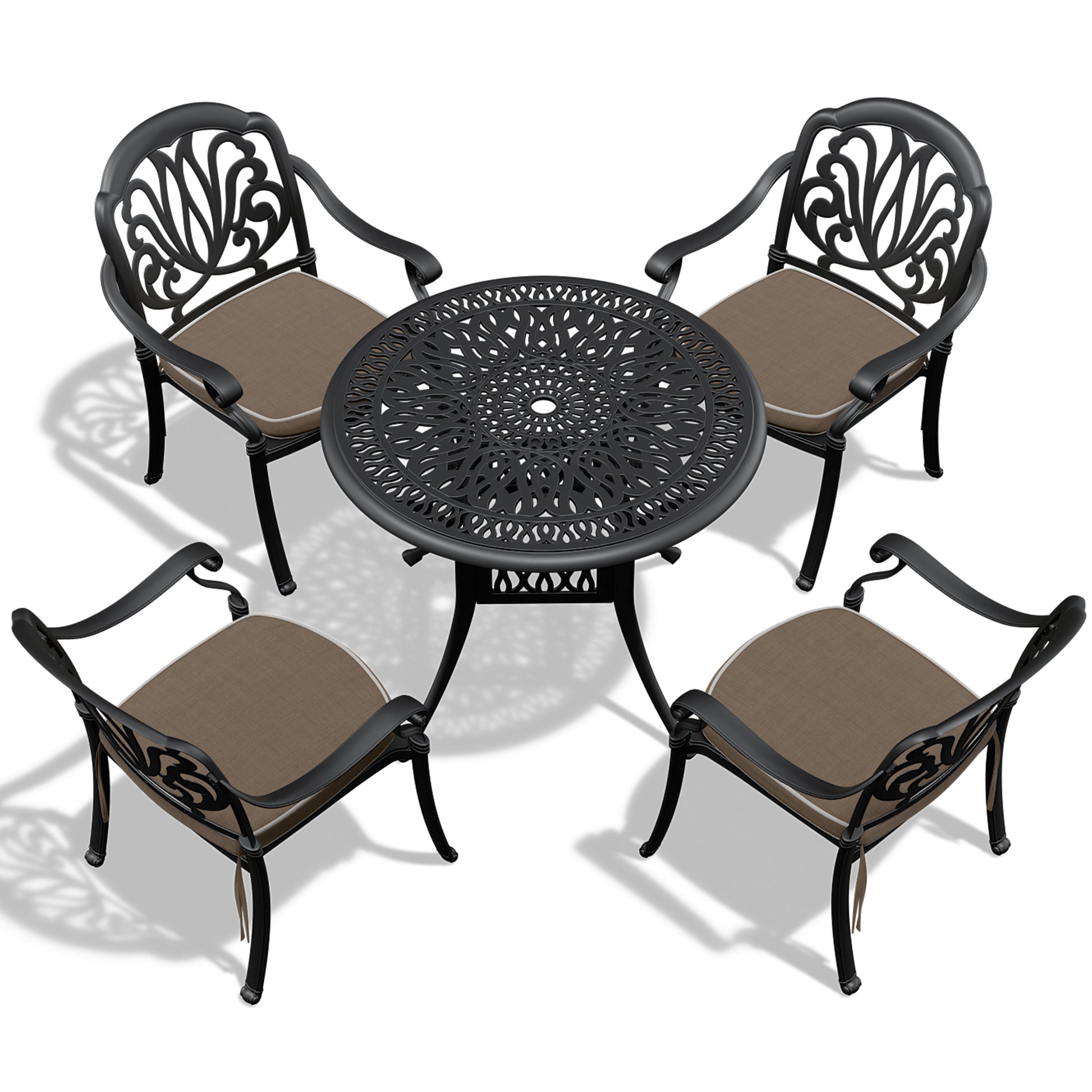 Black cast iron bistro set with ornate detailing and taupe cushions