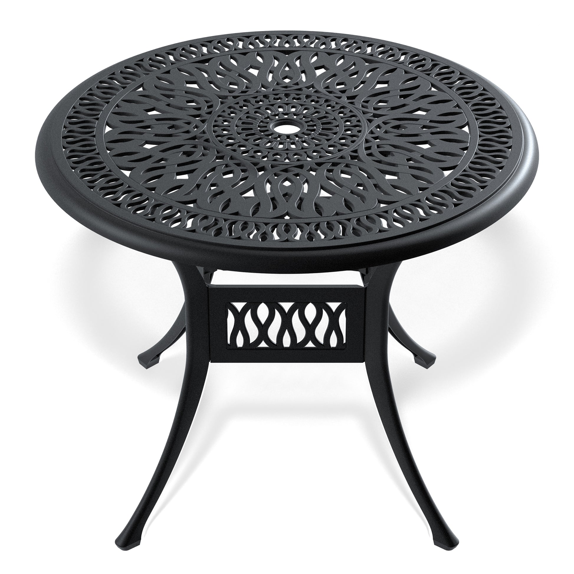 Round black cast aluminum bistro table with ornate scrollwork tabletop and legs
