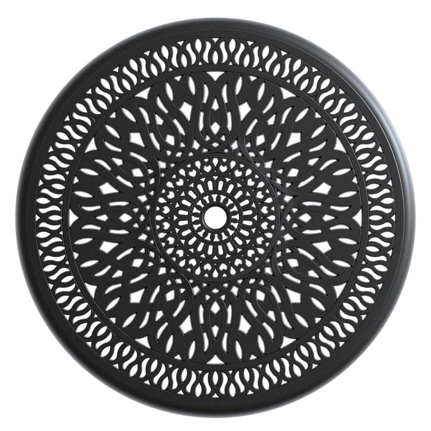 Black round cast iron table top with intricate filigree design patio furniture
