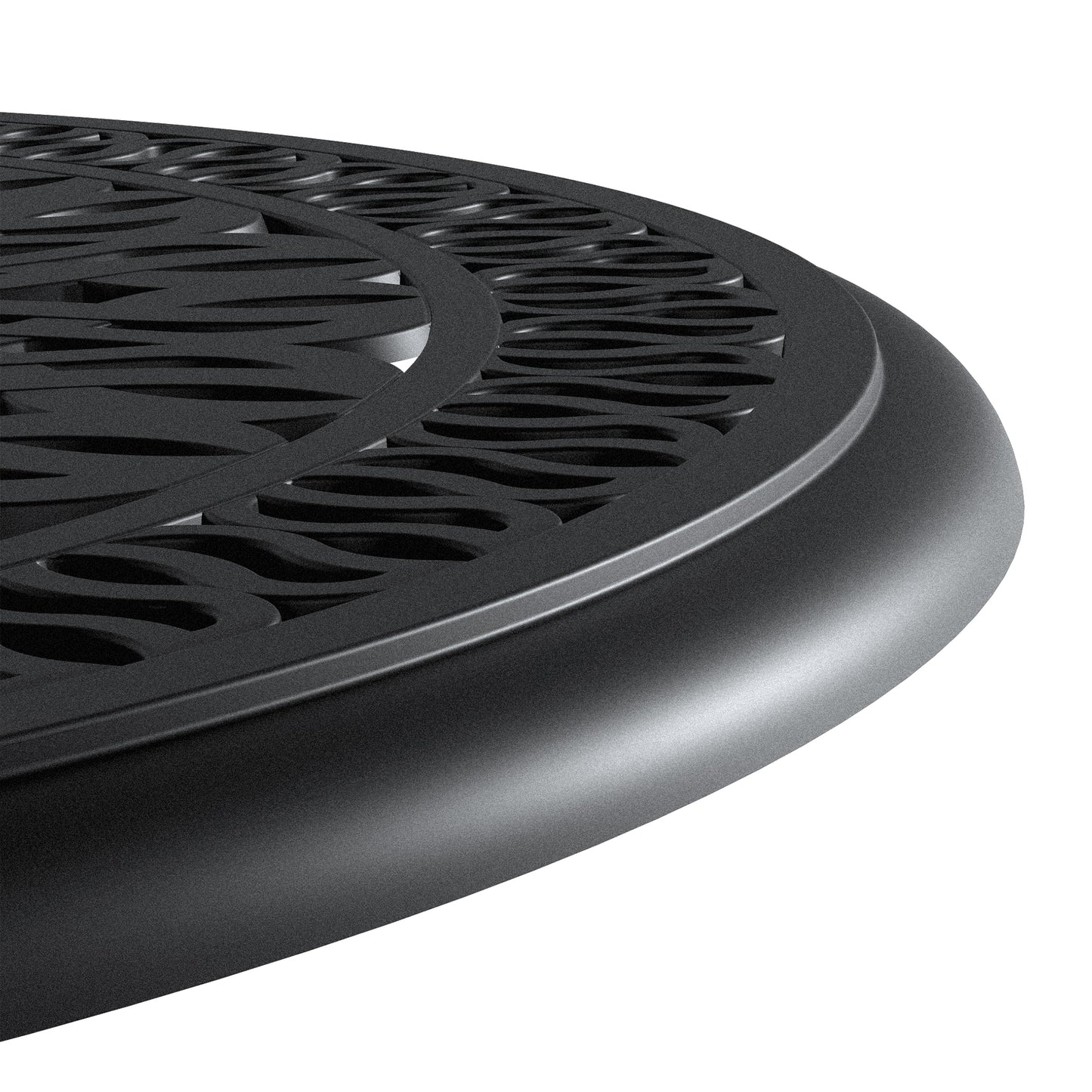 Black metal round table top with ornate wave pattern details for outdoor seating