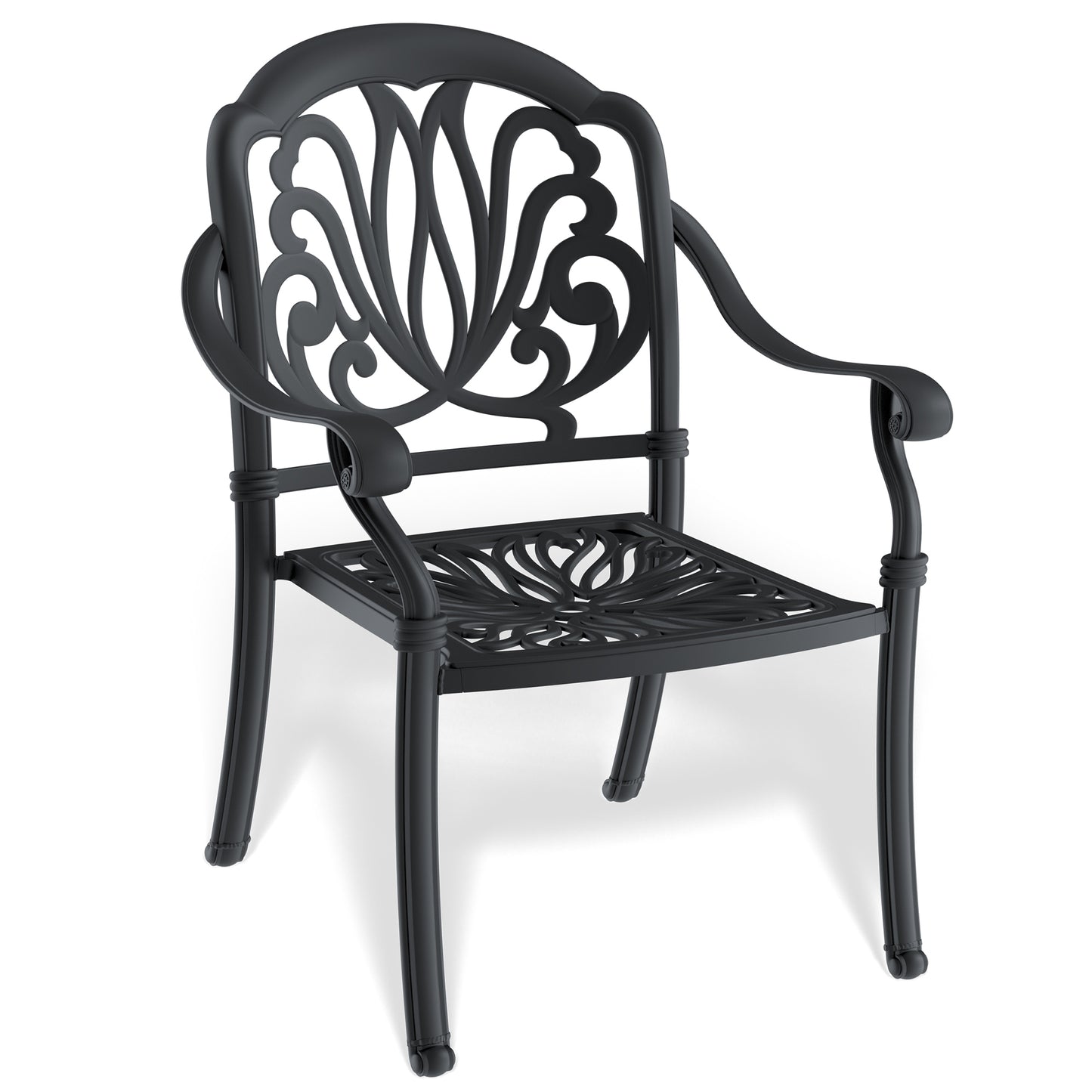 Black ornate cast aluminum outdoor chair with scrolled back detail
