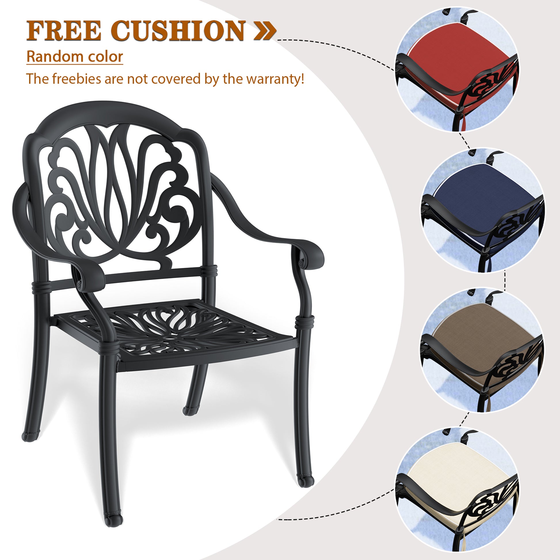 Black ornate cast aluminum patio chair with decorative seat and back