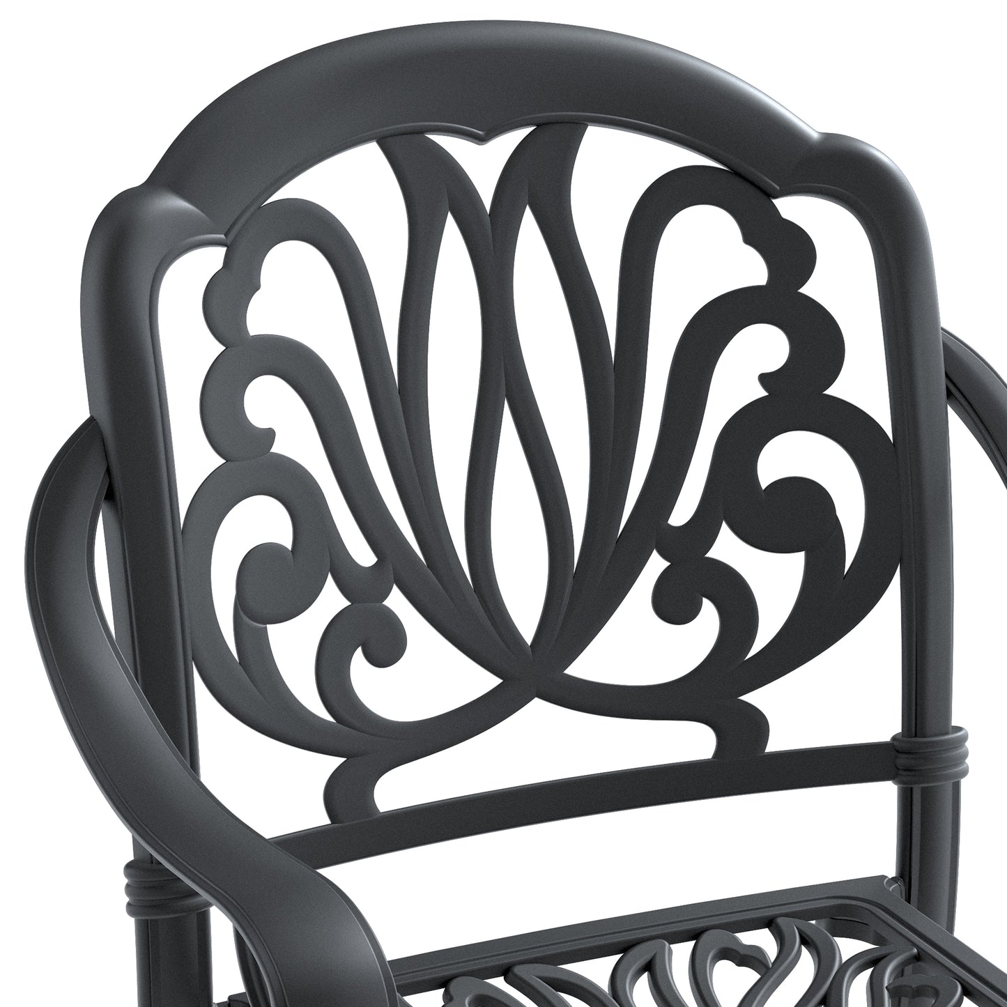 Ornate black metal patio chair with intricate scrollwork detail