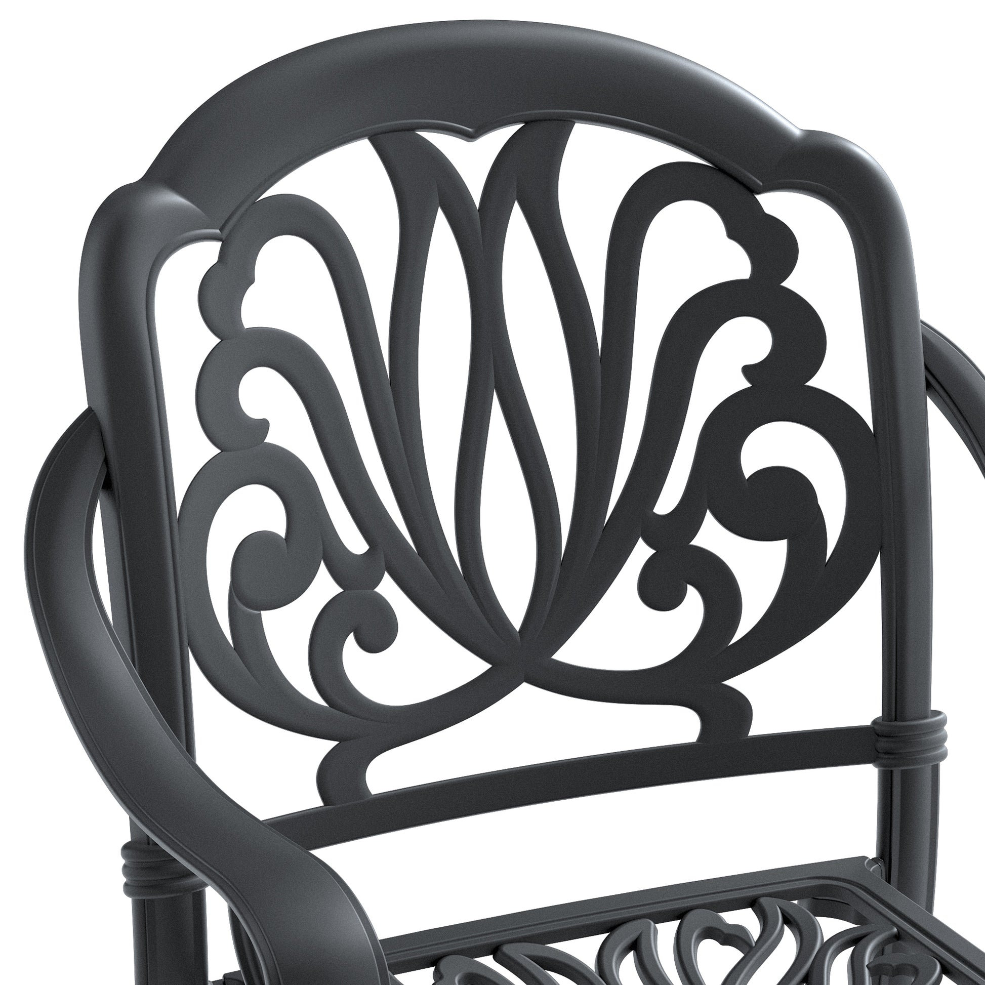 Ornate black metal patio chair with intricate scrollwork detail