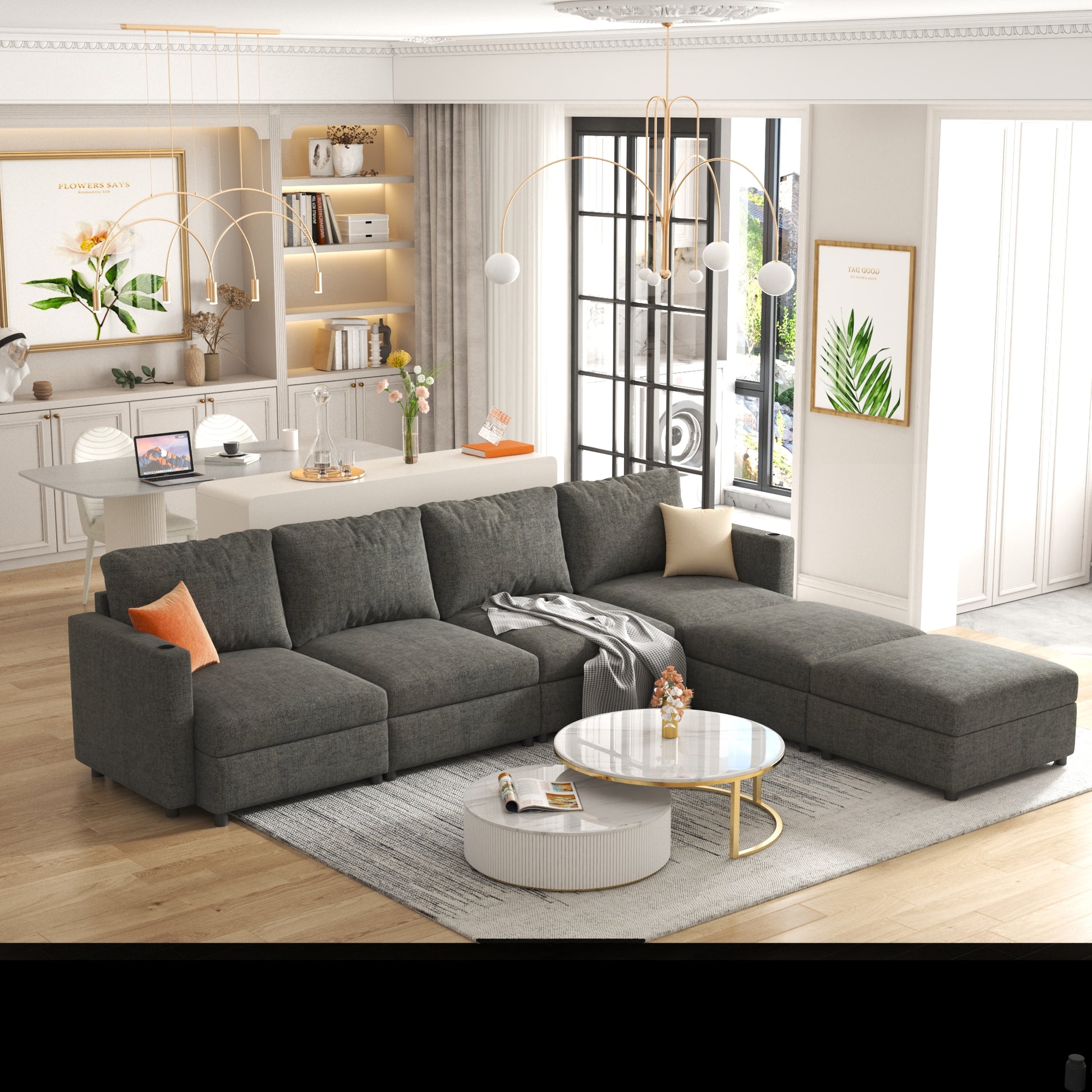 Dark gray sectional sofa with storage ottoman and throw pillows
