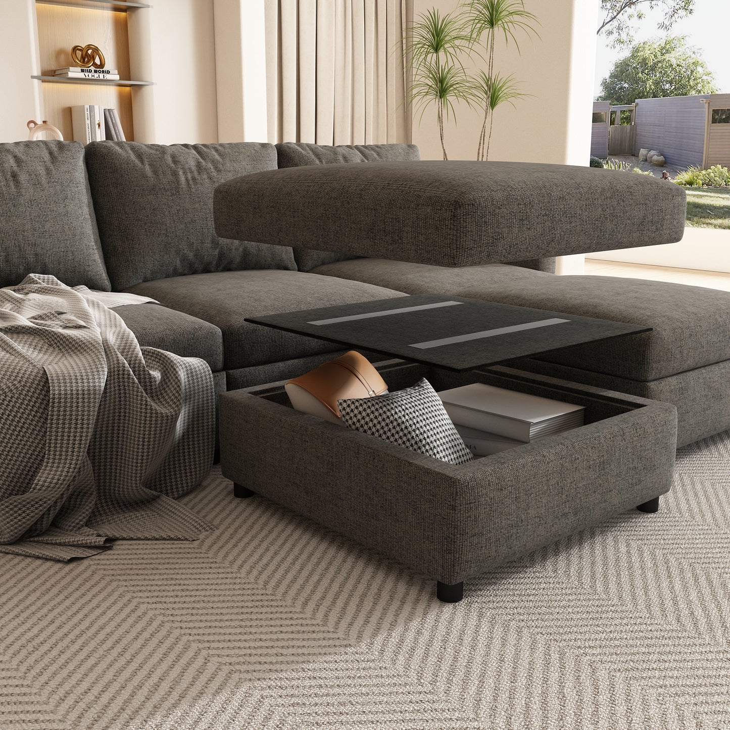Dark grey sectional sofa with storage ottoman perfect for living rooms
