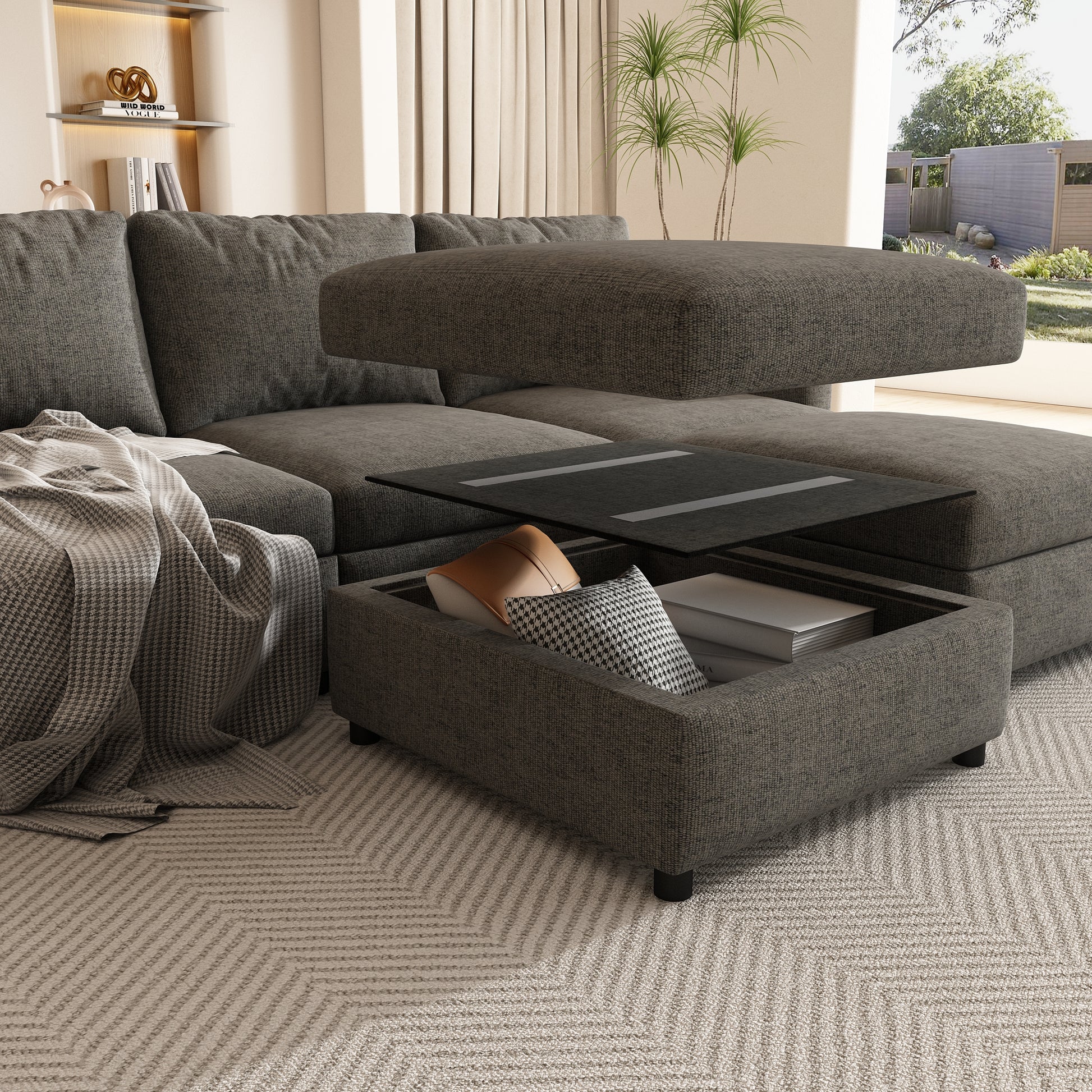 Dark grey sectional sofa with storage ottoman perfect for living rooms