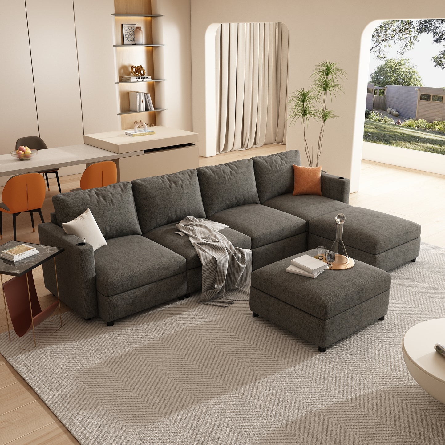 Dark gray sectional sofa with chaise and ottoman modern living room furniture