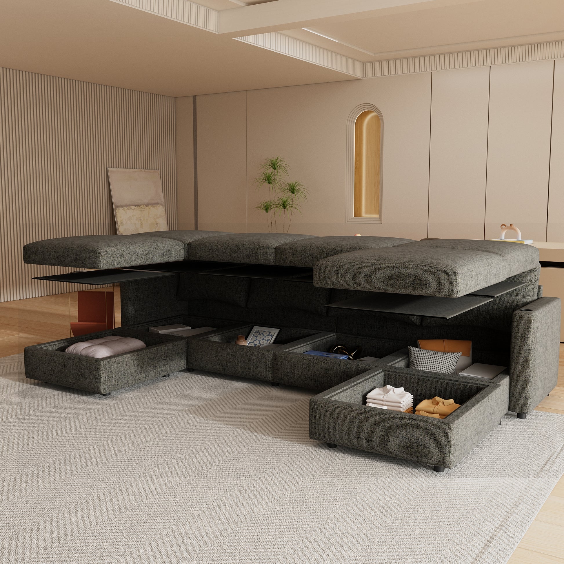 Sectional sofa with ample hidden storage compartments for blankets and cushions