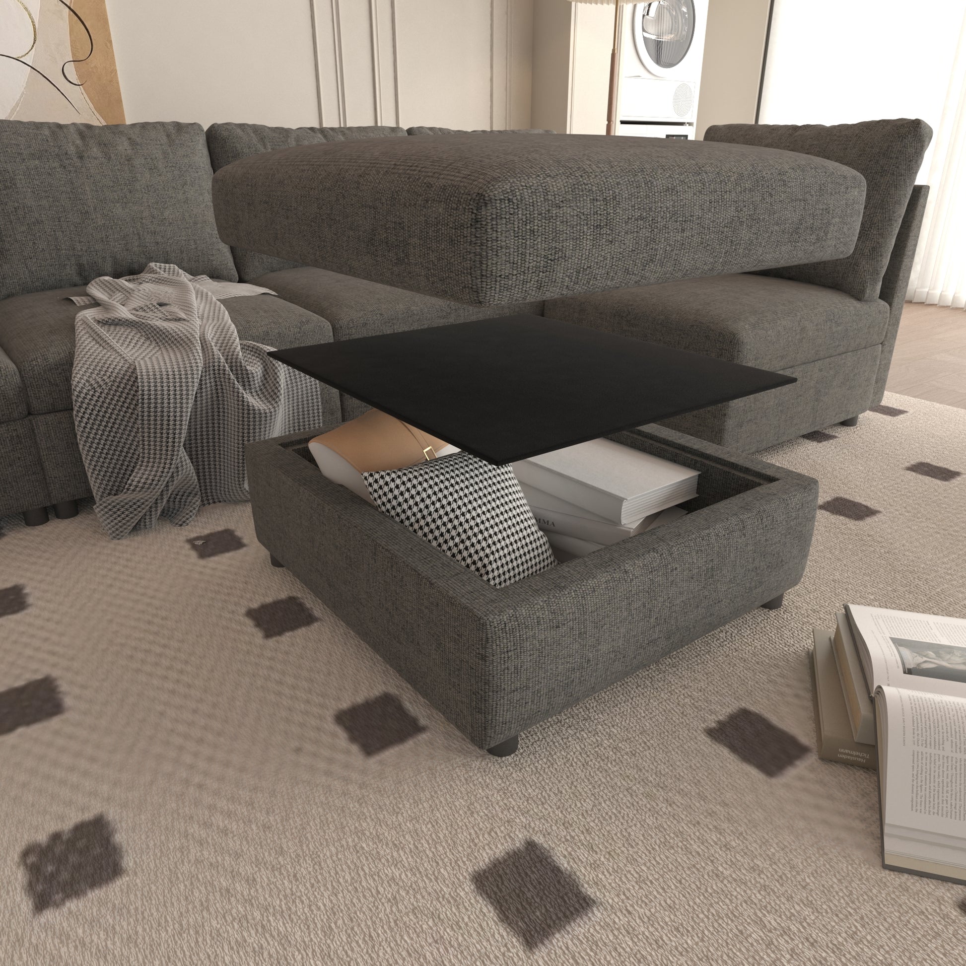 Gray fabric sectional sofa with hidden storage ottoman and black tabletop