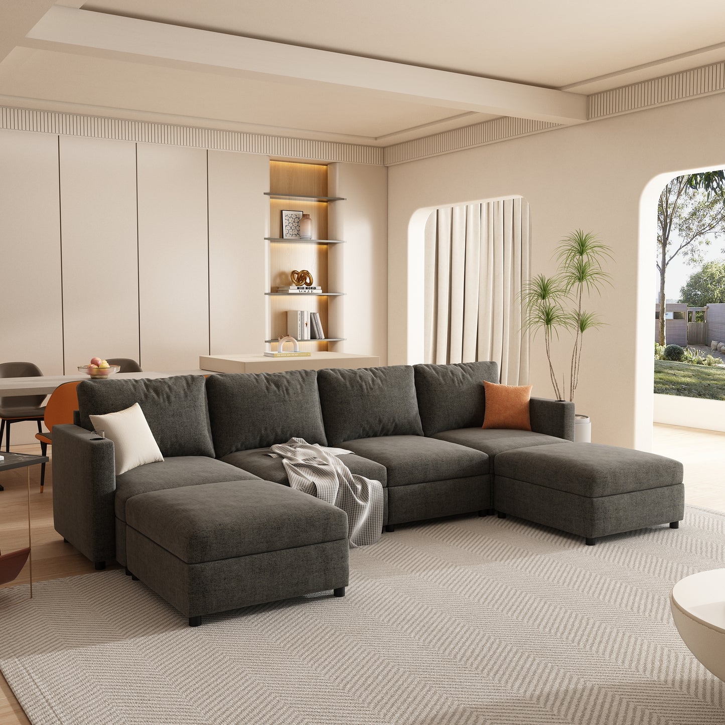 Dark grey Ushaped sectional sofa with chaise lounge and throw pillows