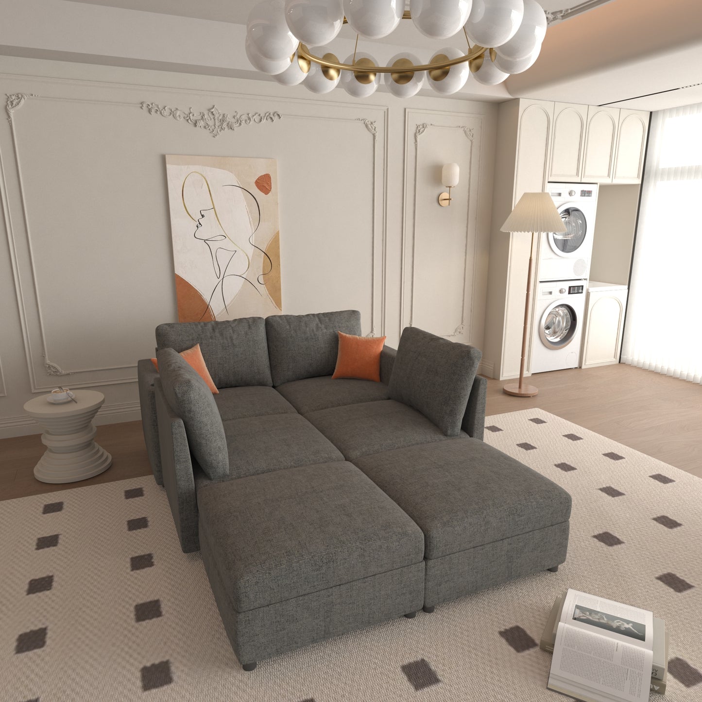 Gray sectional sofa with chaise lounge upholstered in textured fabric features clean lines and modern design
